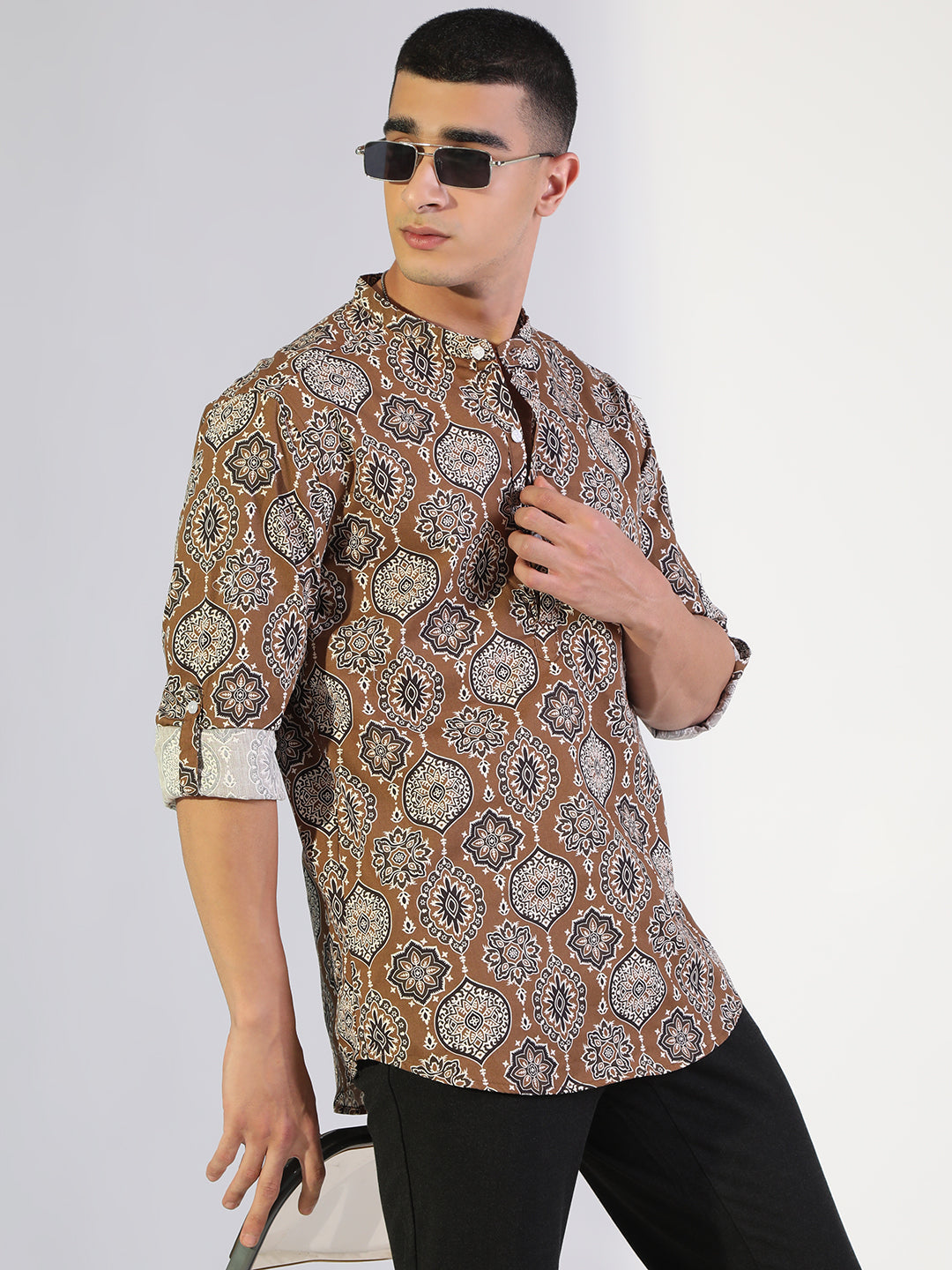 Men's Printed Brown Regular Fit Casual Mandarin Collar Shirt