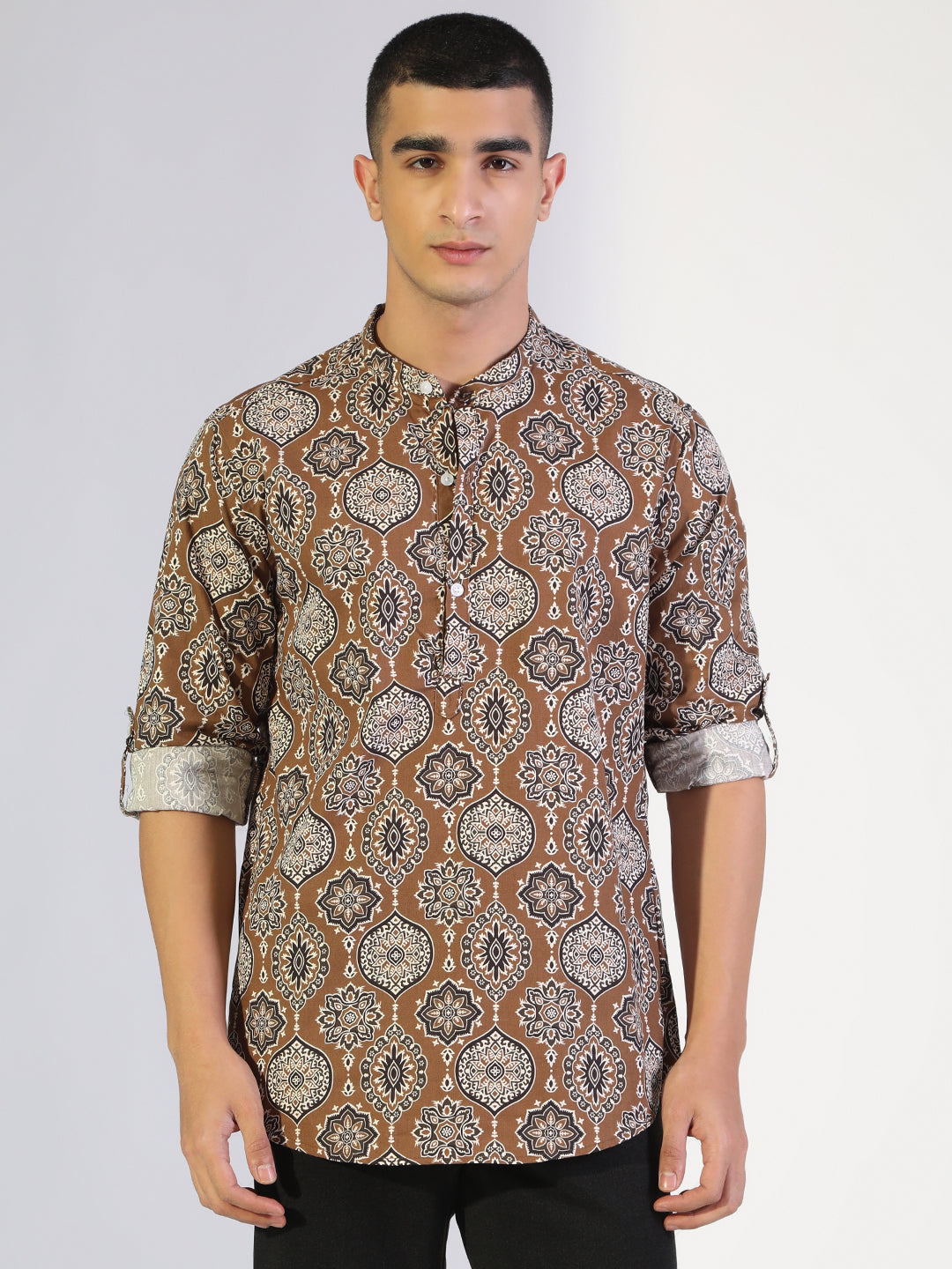 Men's Printed Brown Regular Fit Casual Mandarin Collar Shirt