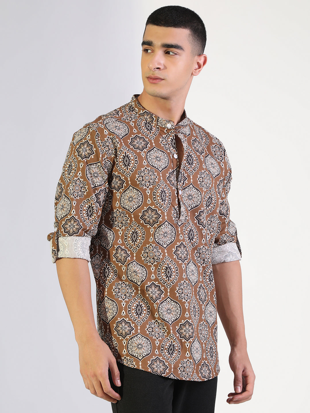 Men's Printed Brown Regular Fit Casual Mandarin Collar Shirt