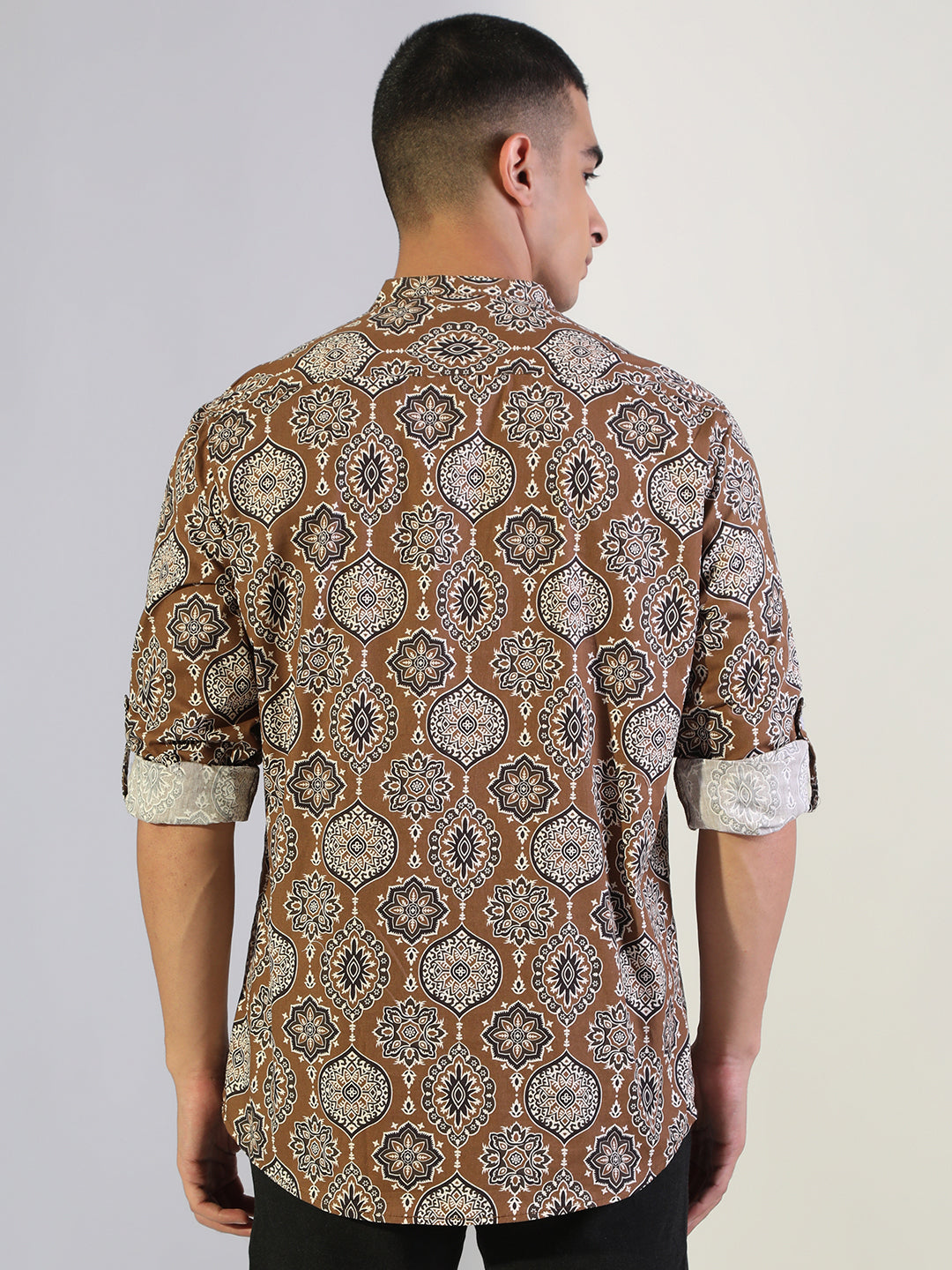 Men's Printed Brown Regular Fit Casual Mandarin Collar Shirt