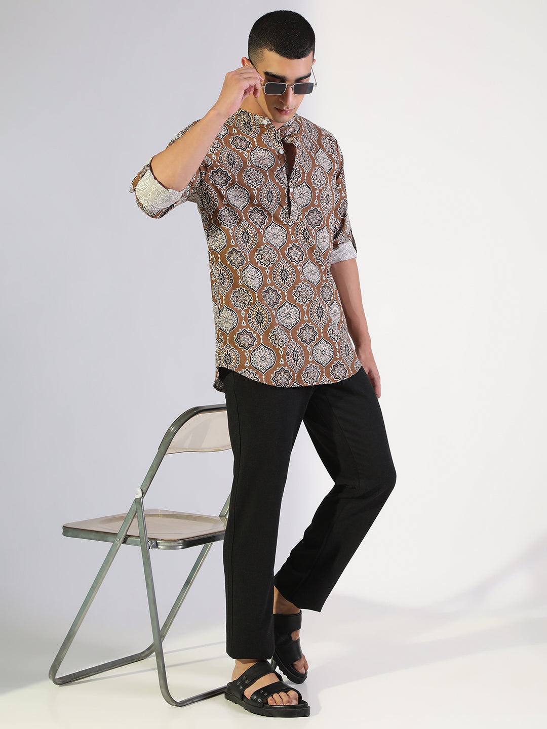 Men's Printed Brown Regular Fit Casual Mandarin Collar Shirt
