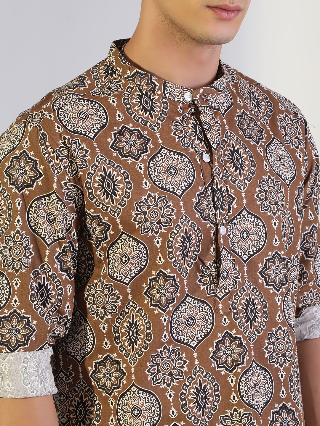 Men's Printed Brown Regular Fit Casual Mandarin Collar Shirt