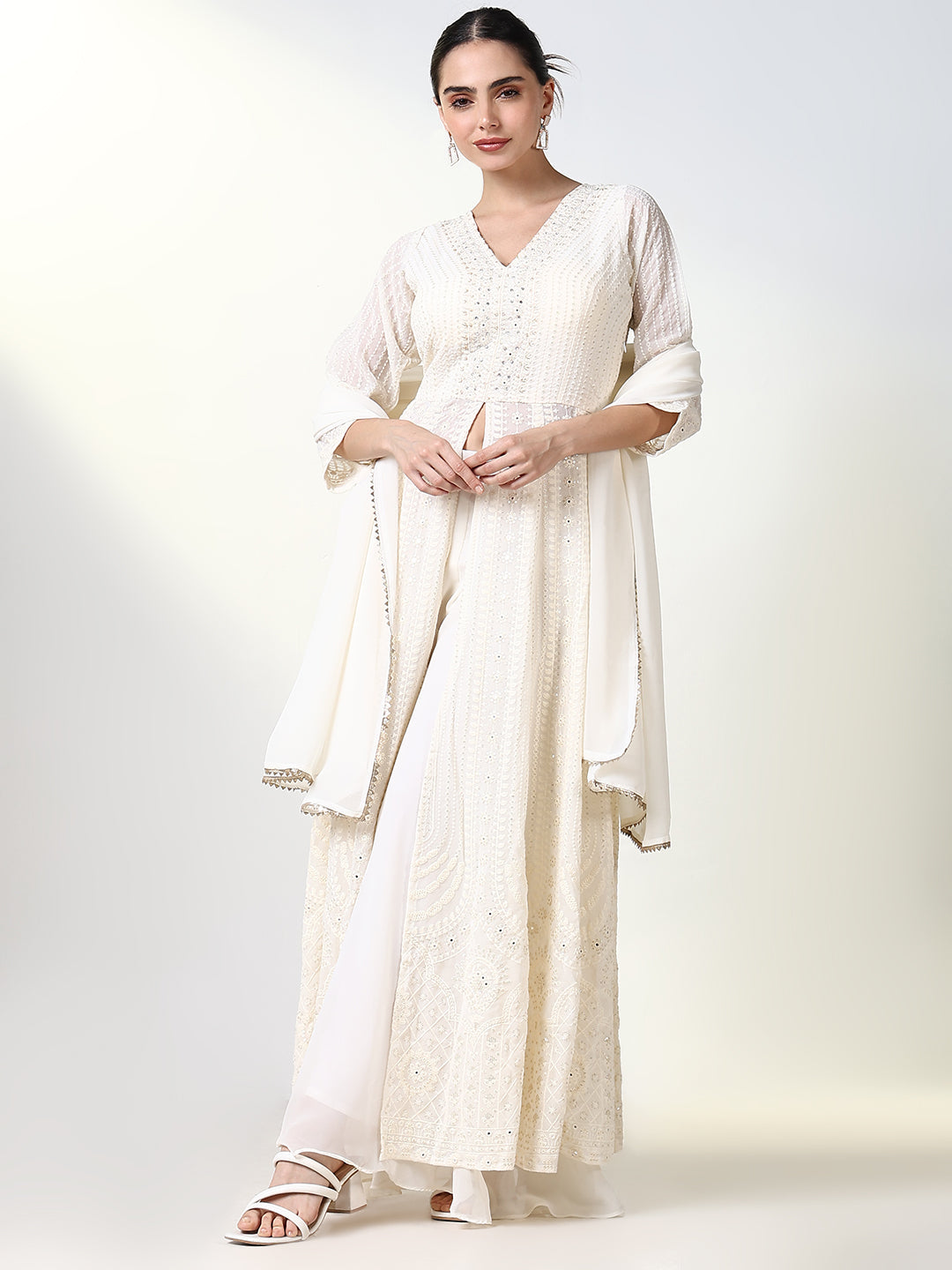 Women Embroidered White Anarkali Kurta Set with Dupatta