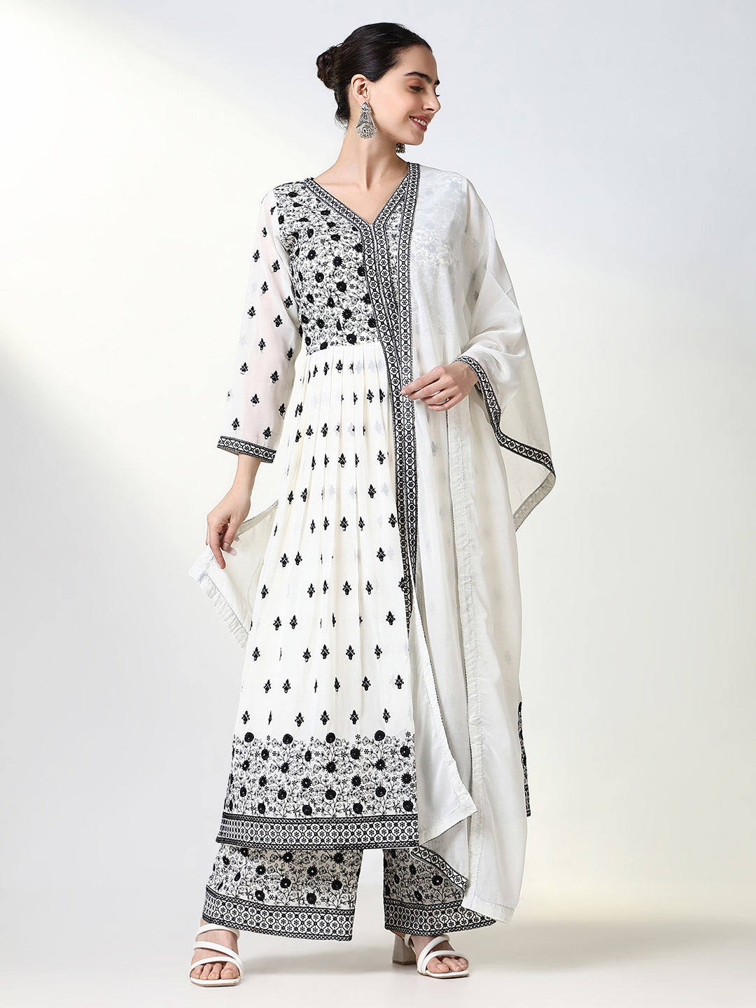 Women Floral White Anarkali Kurta Set with Dupatta