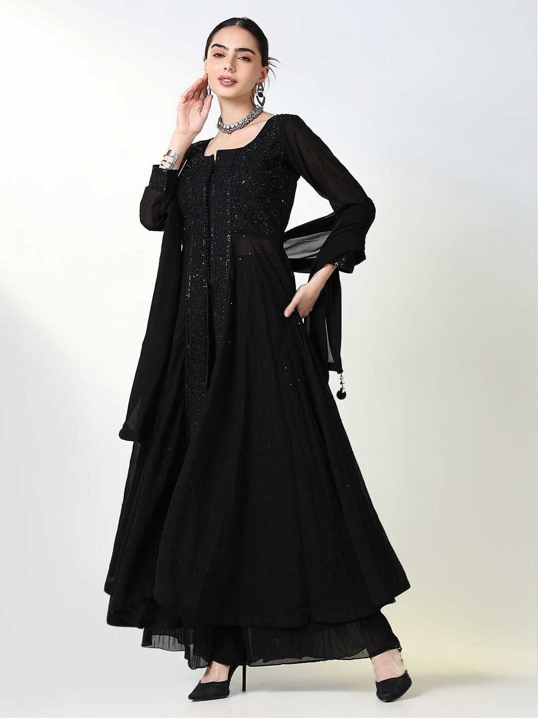 Women Solid Black Anarkali Kurta Set with Dupatta