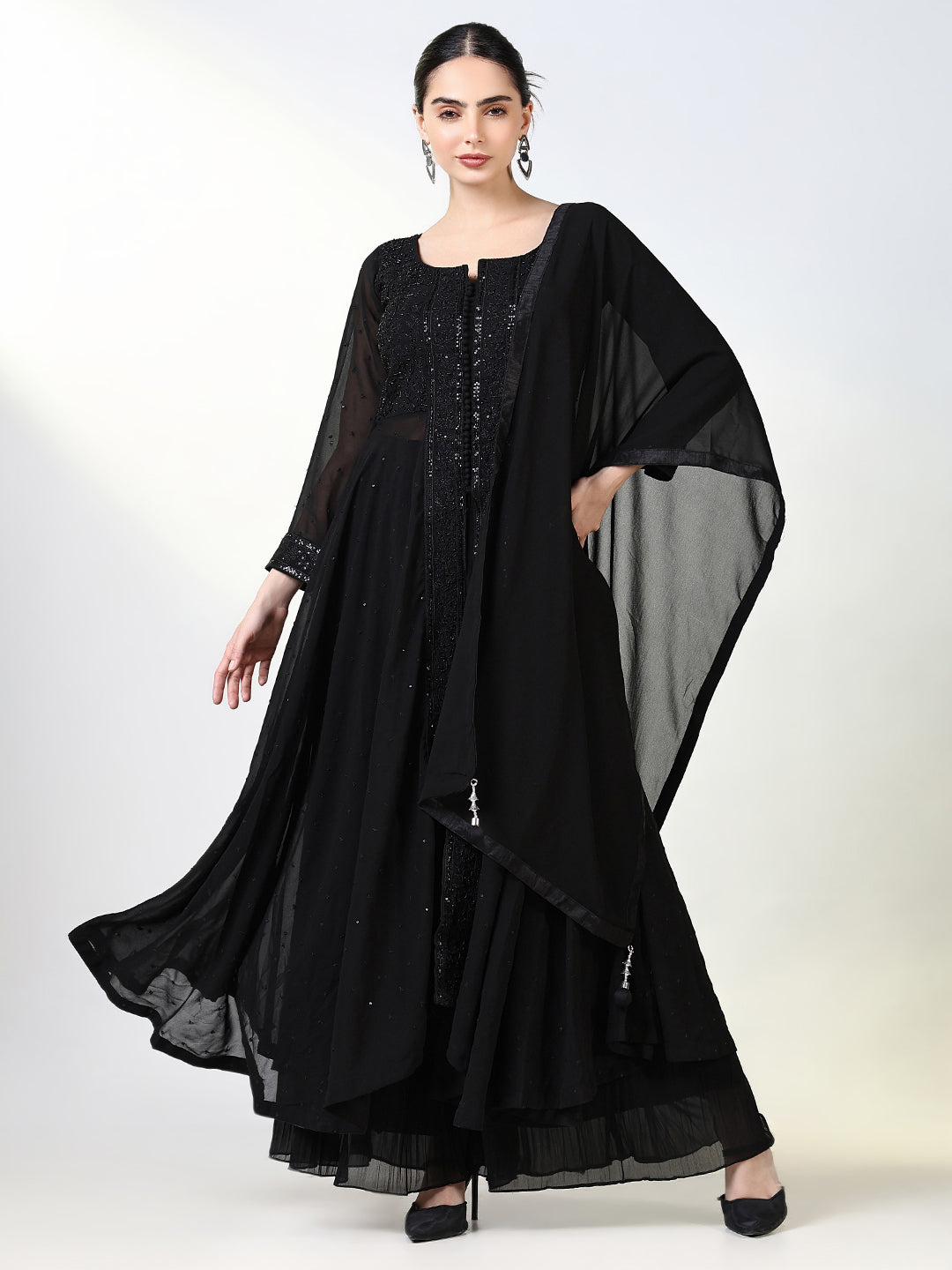 Women Solid Black Anarkali Kurta Set with Dupatta