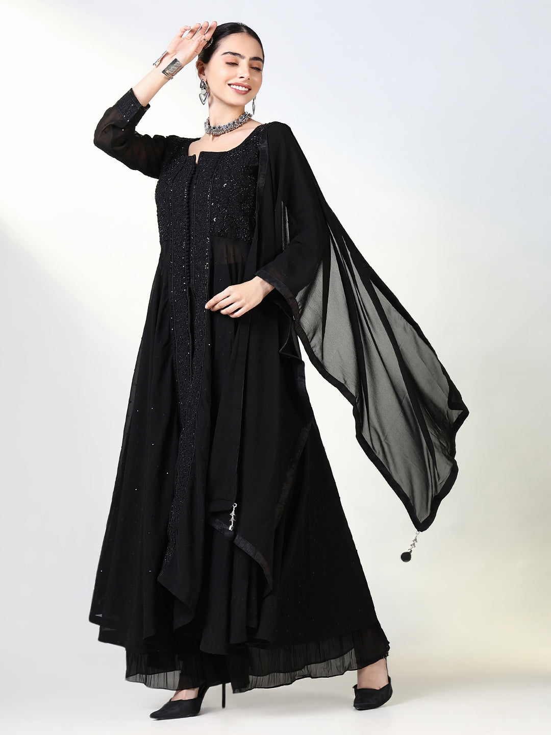 Women Solid Black Anarkali Kurta Set with Dupatta