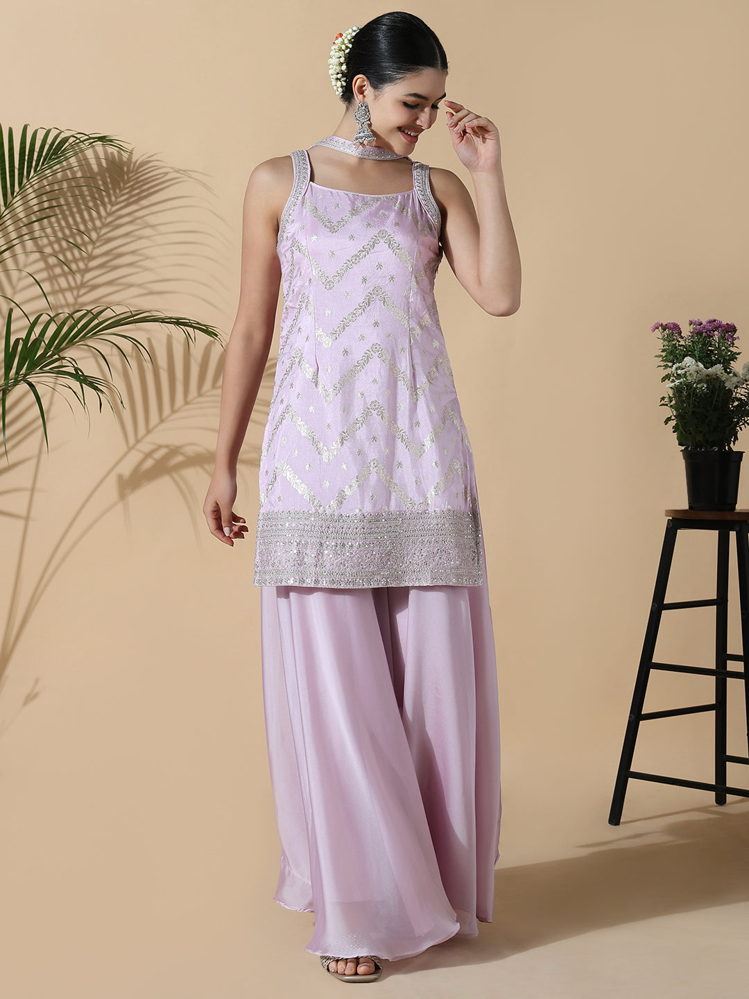 Women Straight Sequinned Shoulder Strap Purple Kurti with Palazzos