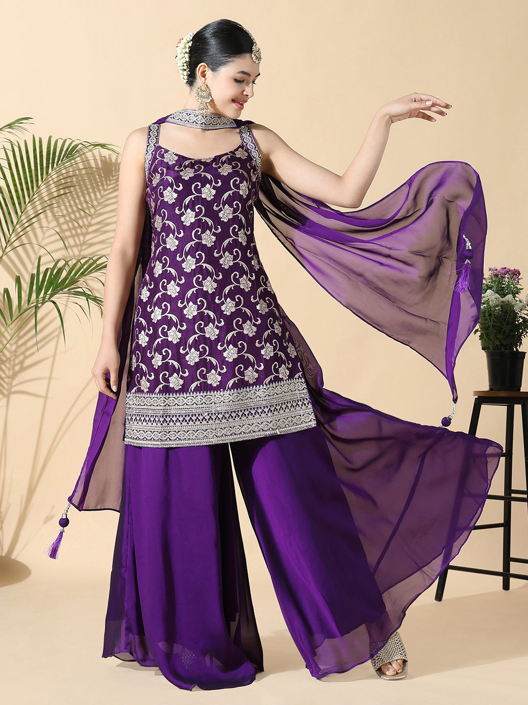 Women Straight Zari Work Purple Kurti with Palazzos