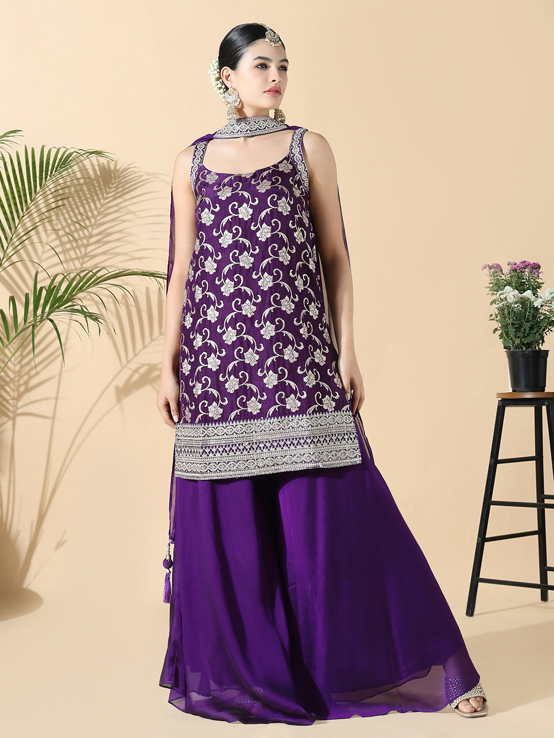 Women Straight Zari Work Purple Kurti with Palazzos