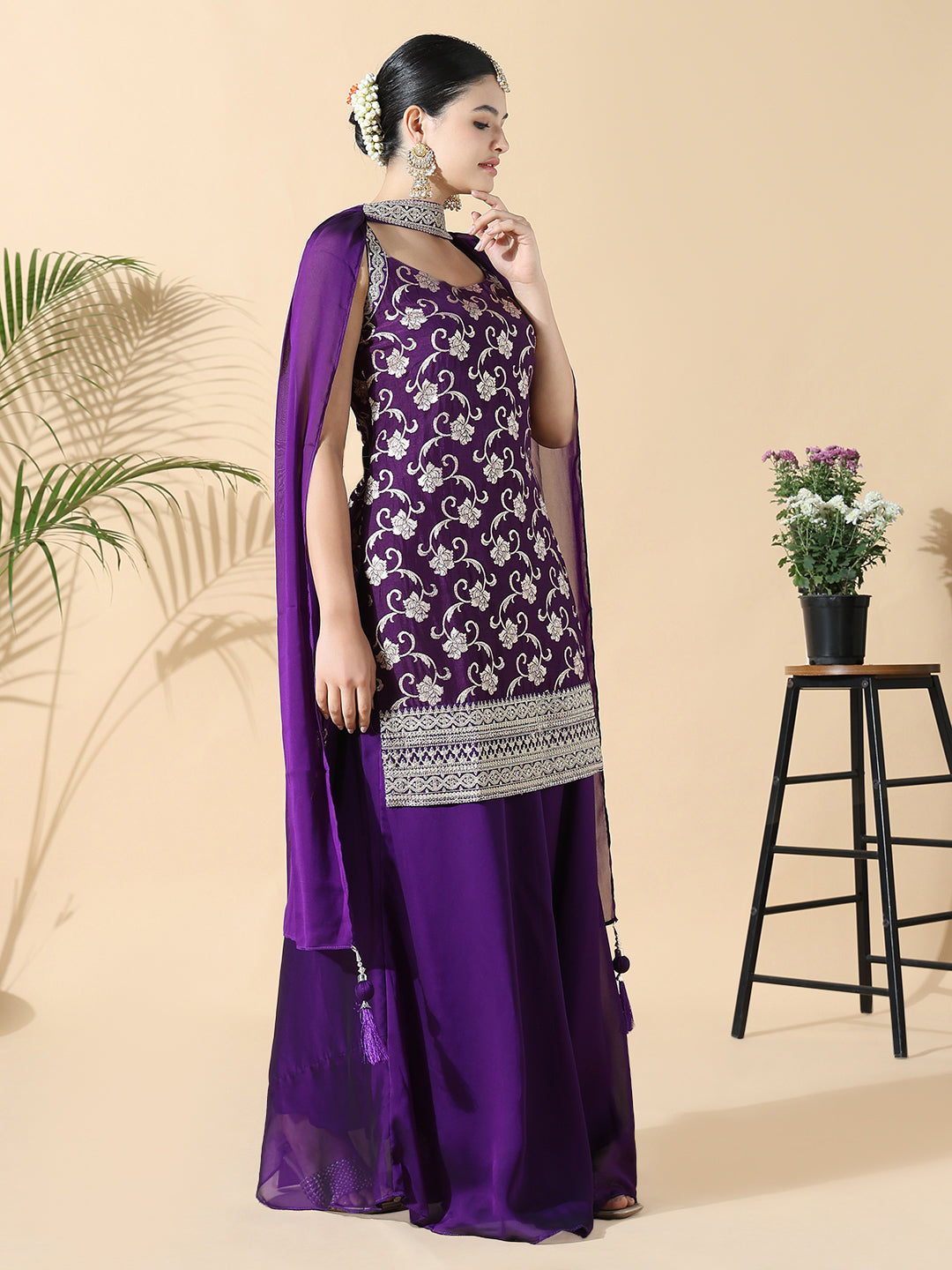 Women Straight Zari Work Purple Kurti with Palazzos