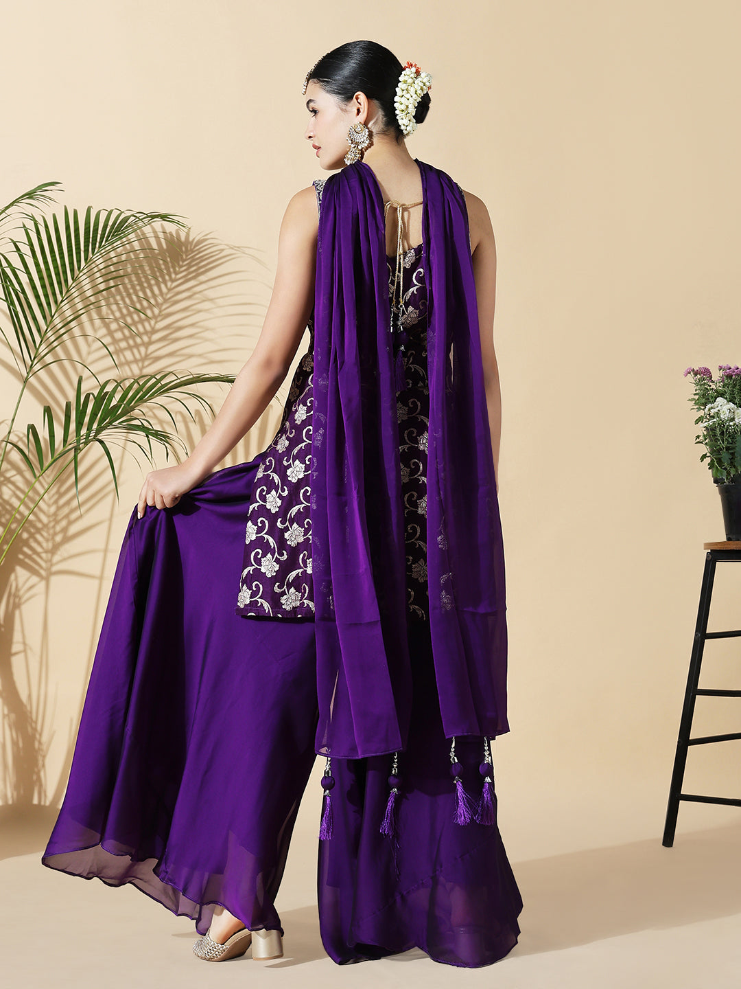 Women Straight Zari Work Purple Kurti with Palazzos