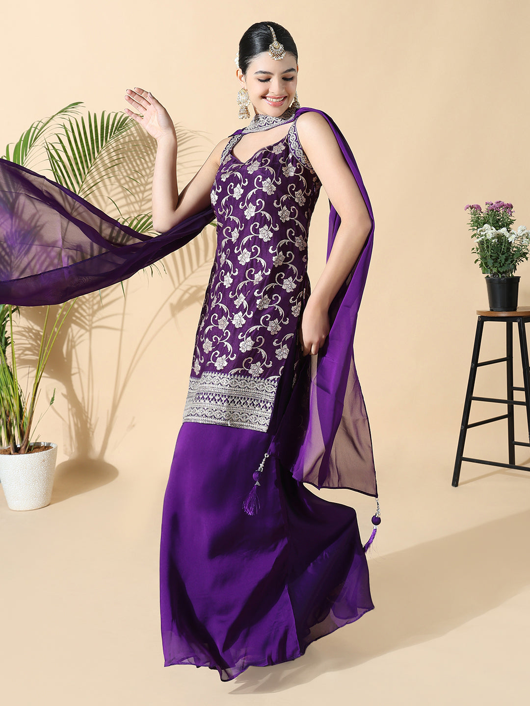 Women Straight Zari Work Purple Kurti with Palazzos