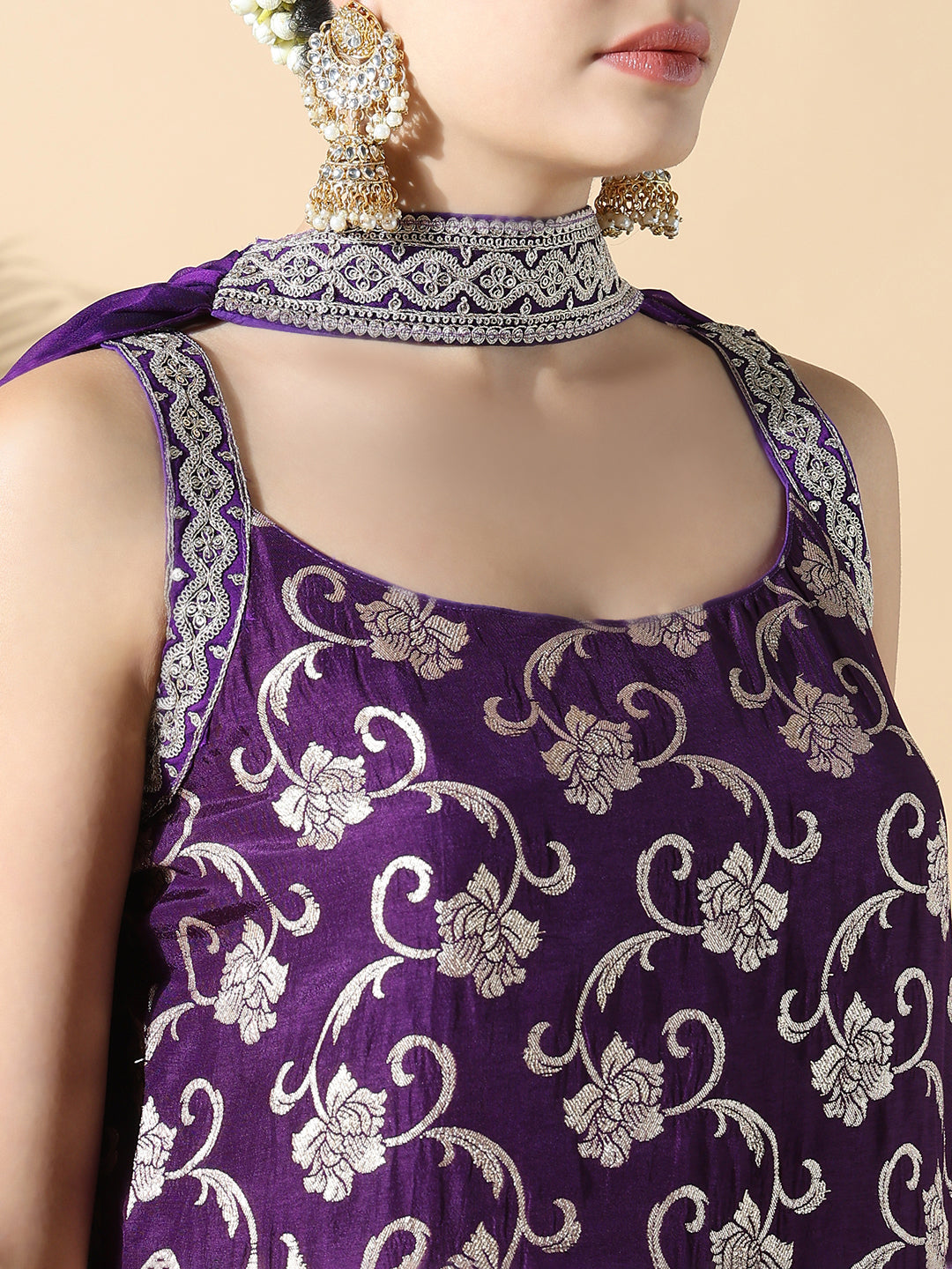 Women Straight Zari Work Purple Kurti with Palazzos