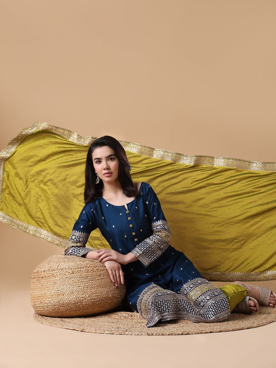 Women Straight Sequinned Blue Kurta Set with Dupatta