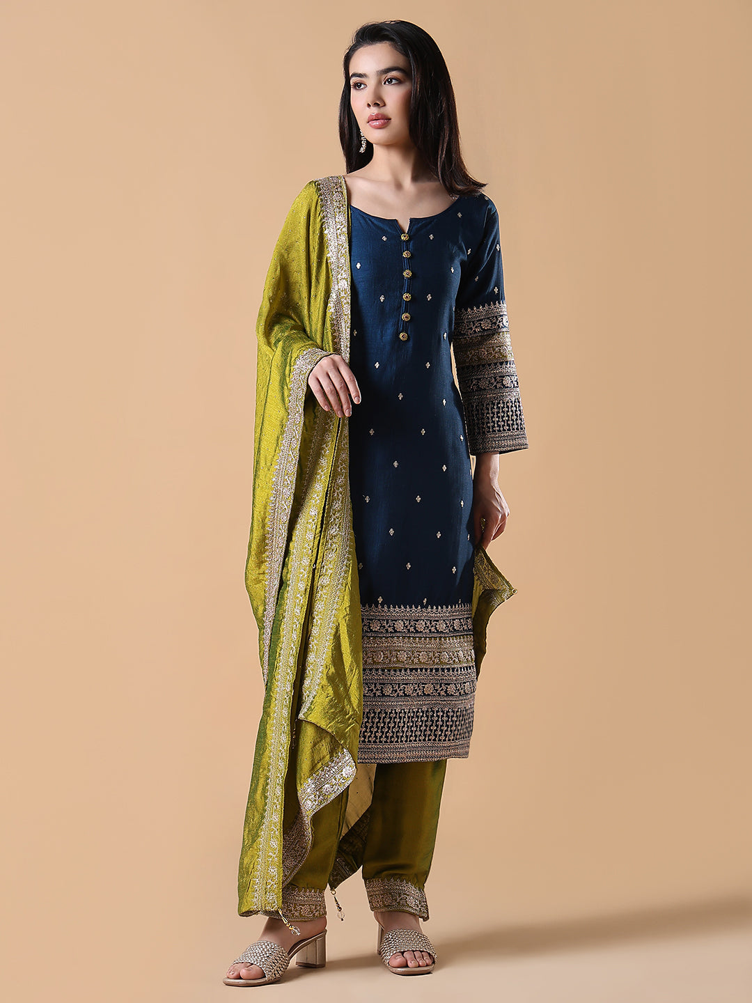 Women Straight Sequinned Blue Kurta Set with Dupatta