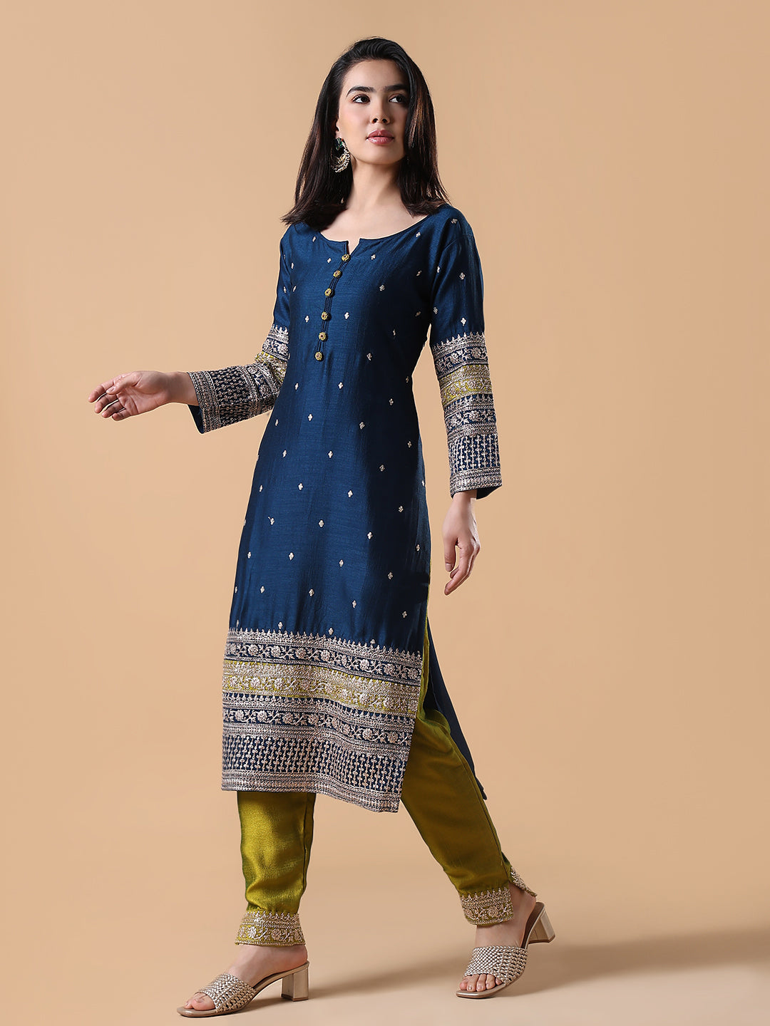 Women Straight Sequinned Blue Kurta Set with Dupatta