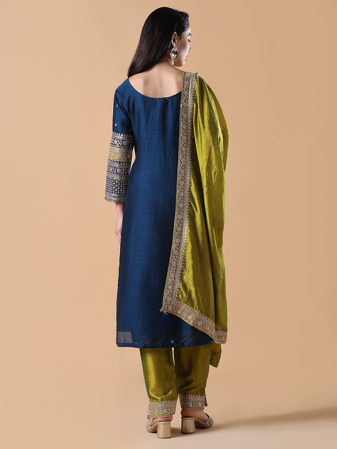 Women Straight Sequinned Blue Kurta Set with Dupatta