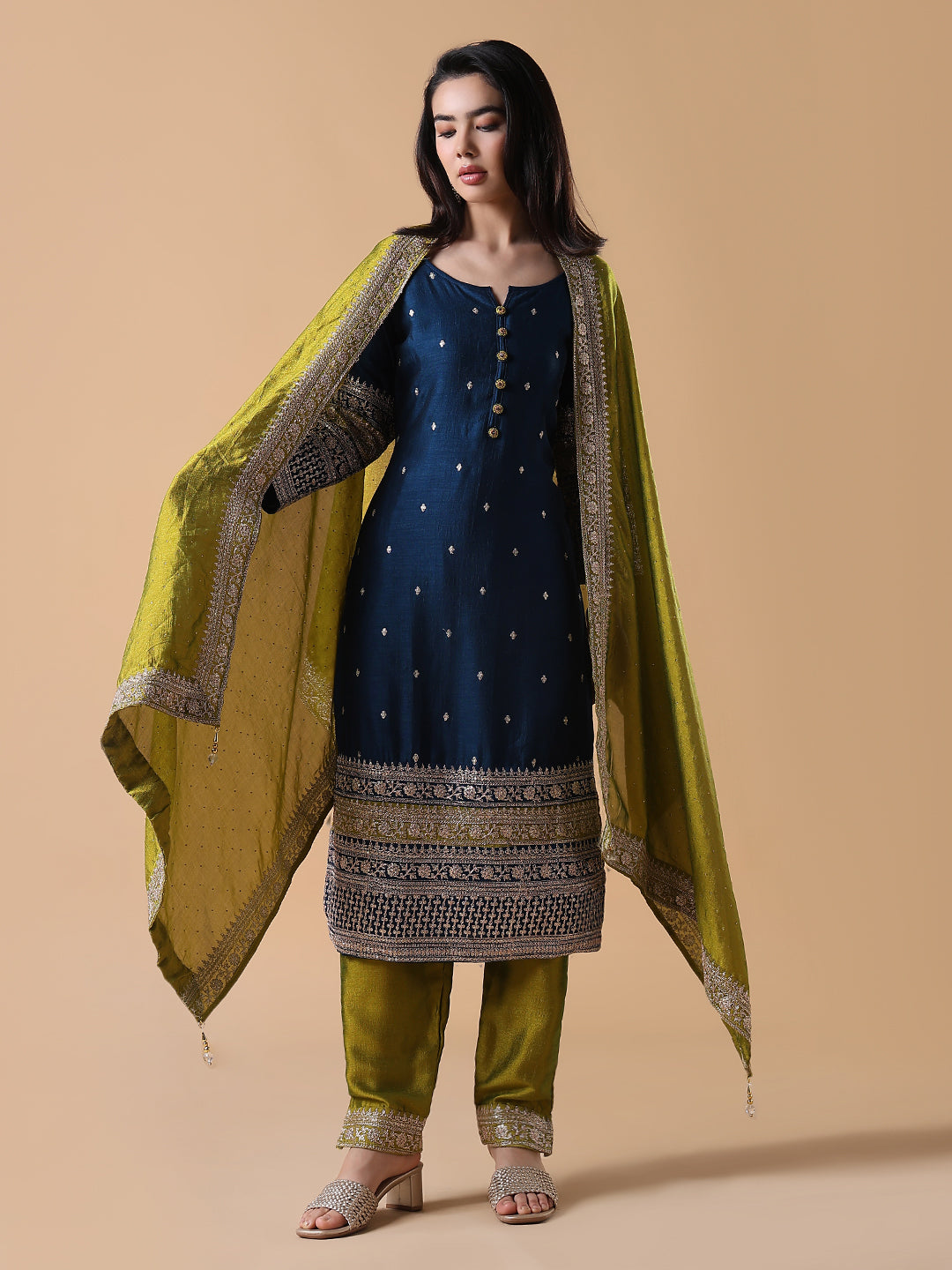 Women Straight Sequinned Blue Kurta Set with Dupatta