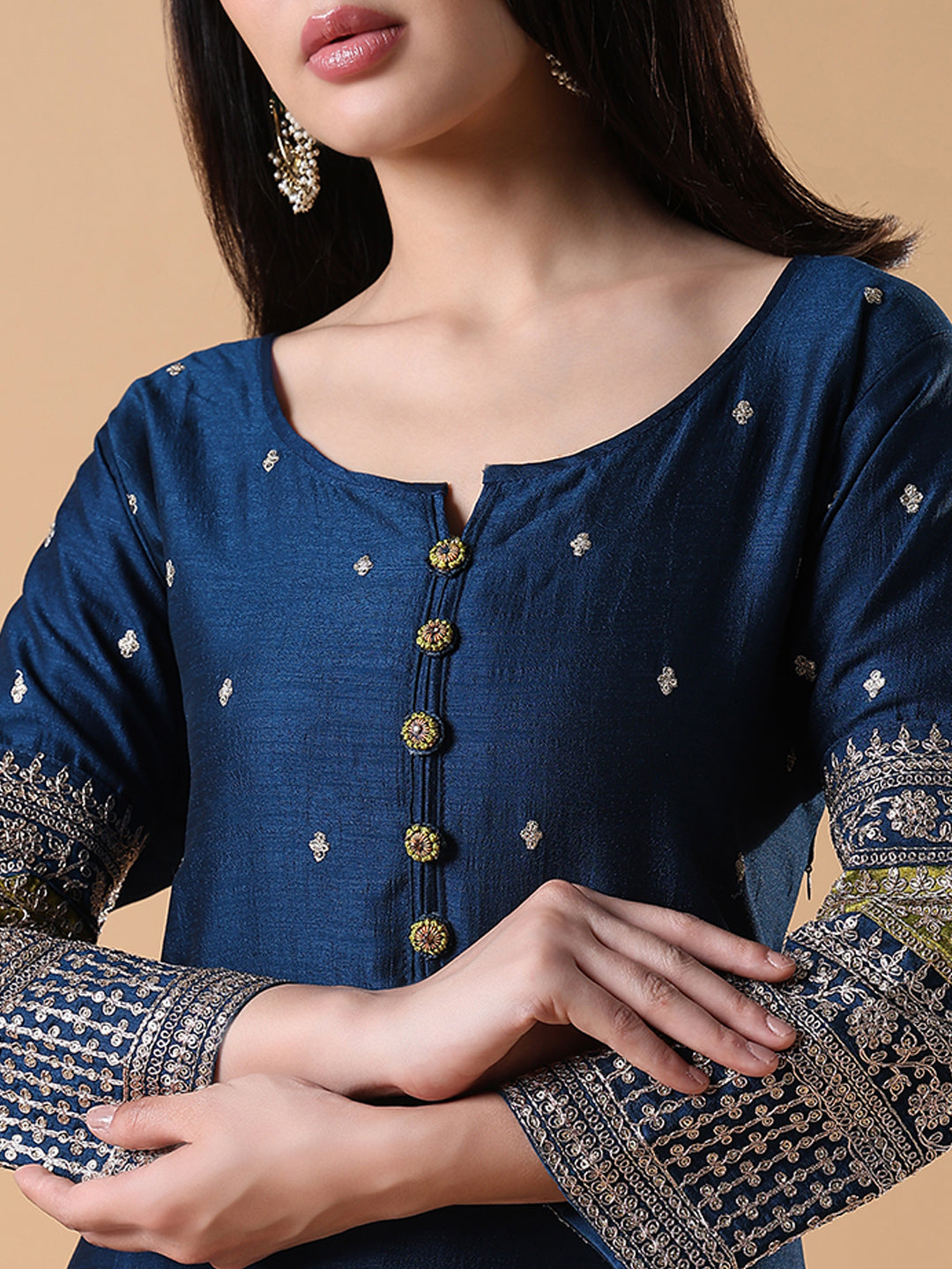 Women Straight Sequinned Blue Kurta Set with Dupatta