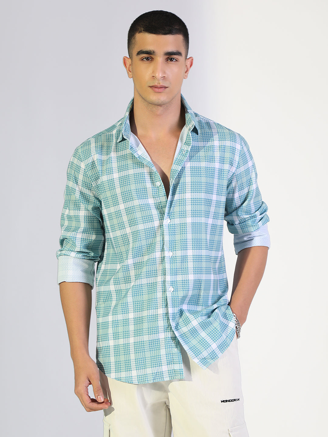 Men's Checked Turquoise Blue Regular Fit Casual Shirt