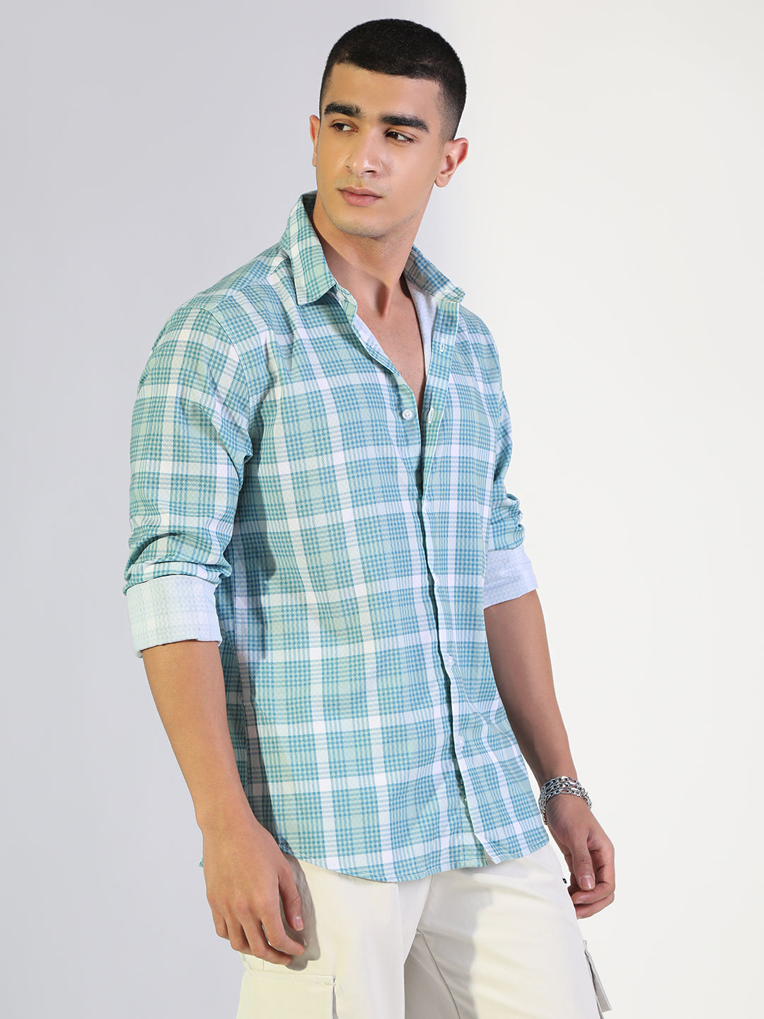 Men's Checked Turquoise Blue Regular Fit Casual Shirt