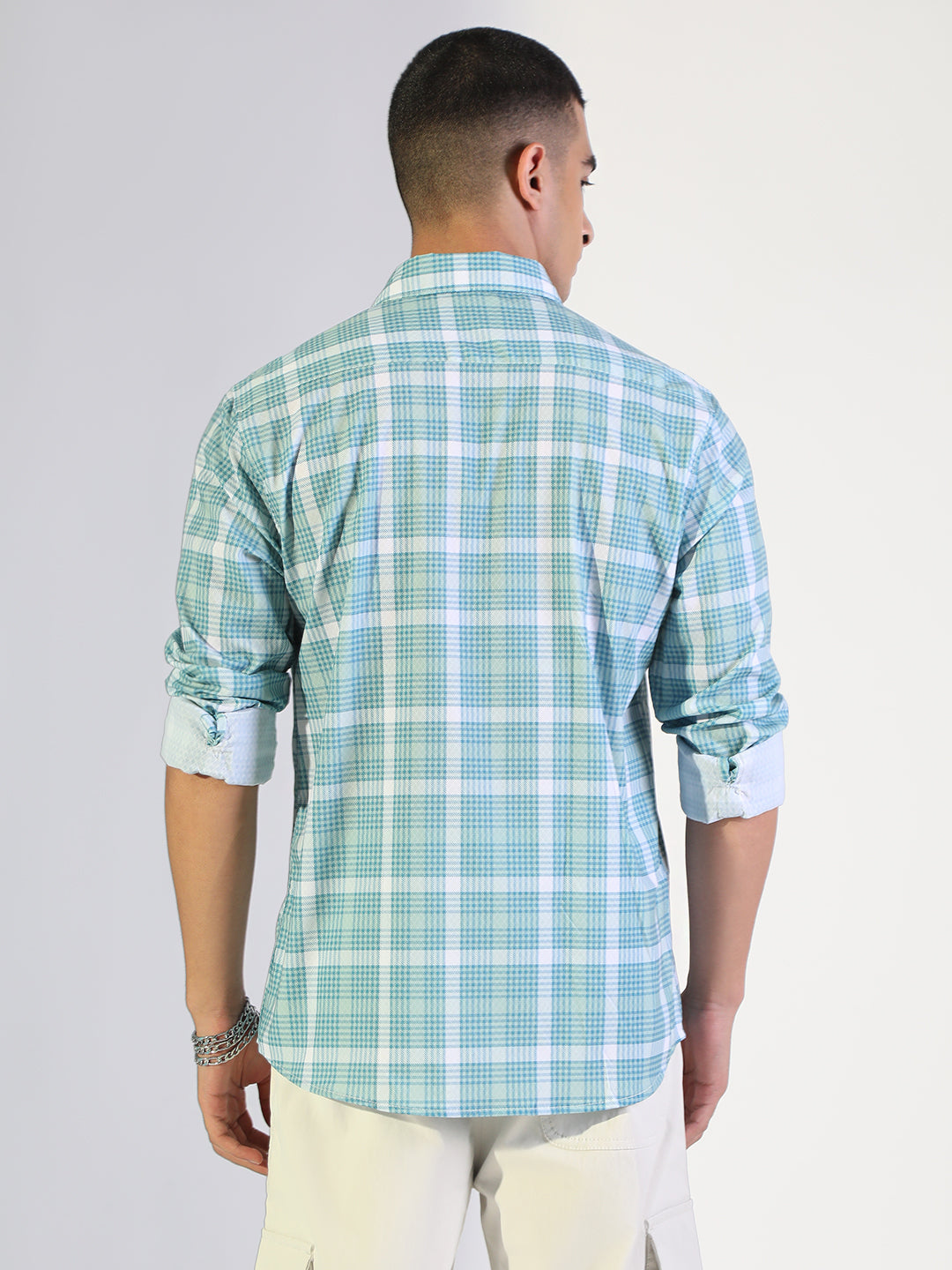 Men's Checked Turquoise Blue Regular Fit Casual Shirt