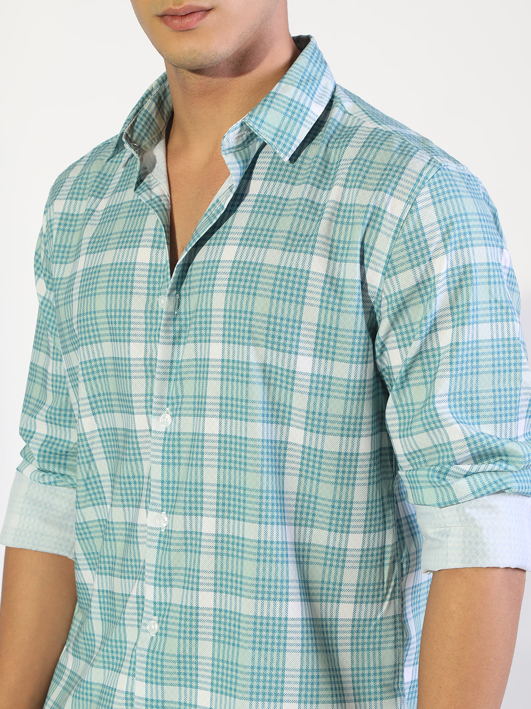 Men's Checked Turquoise Blue Regular Fit Casual Shirt