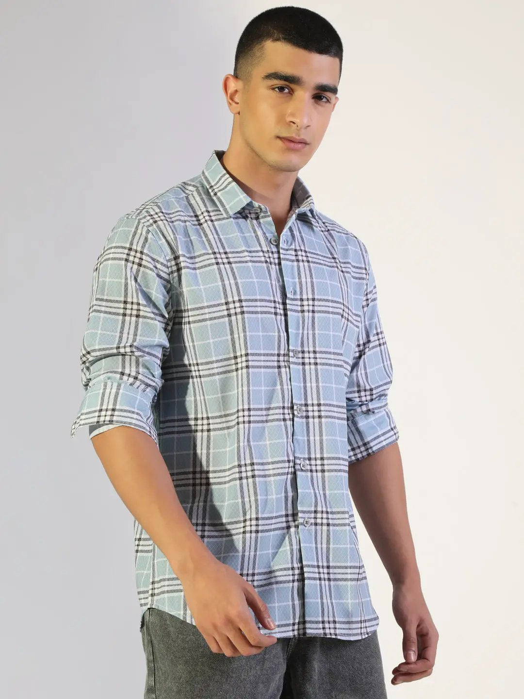 Men's Checked Blue Regular Fit Casual Shirt - from SHOWOFFFF