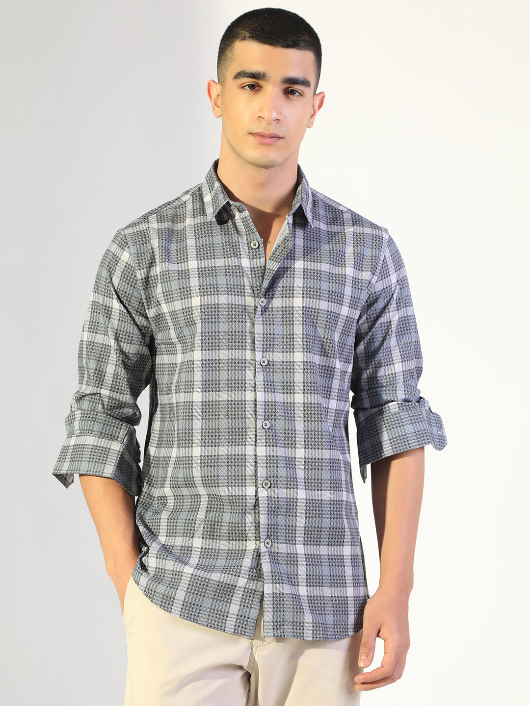 Men's Checked Grey Regular Fit Casual Shirt