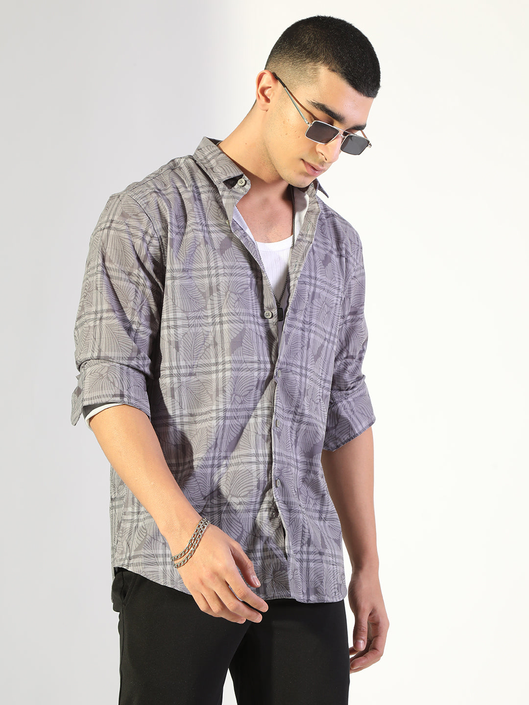 Men's Printed Grey Checked Regular Fit Casual Shirt