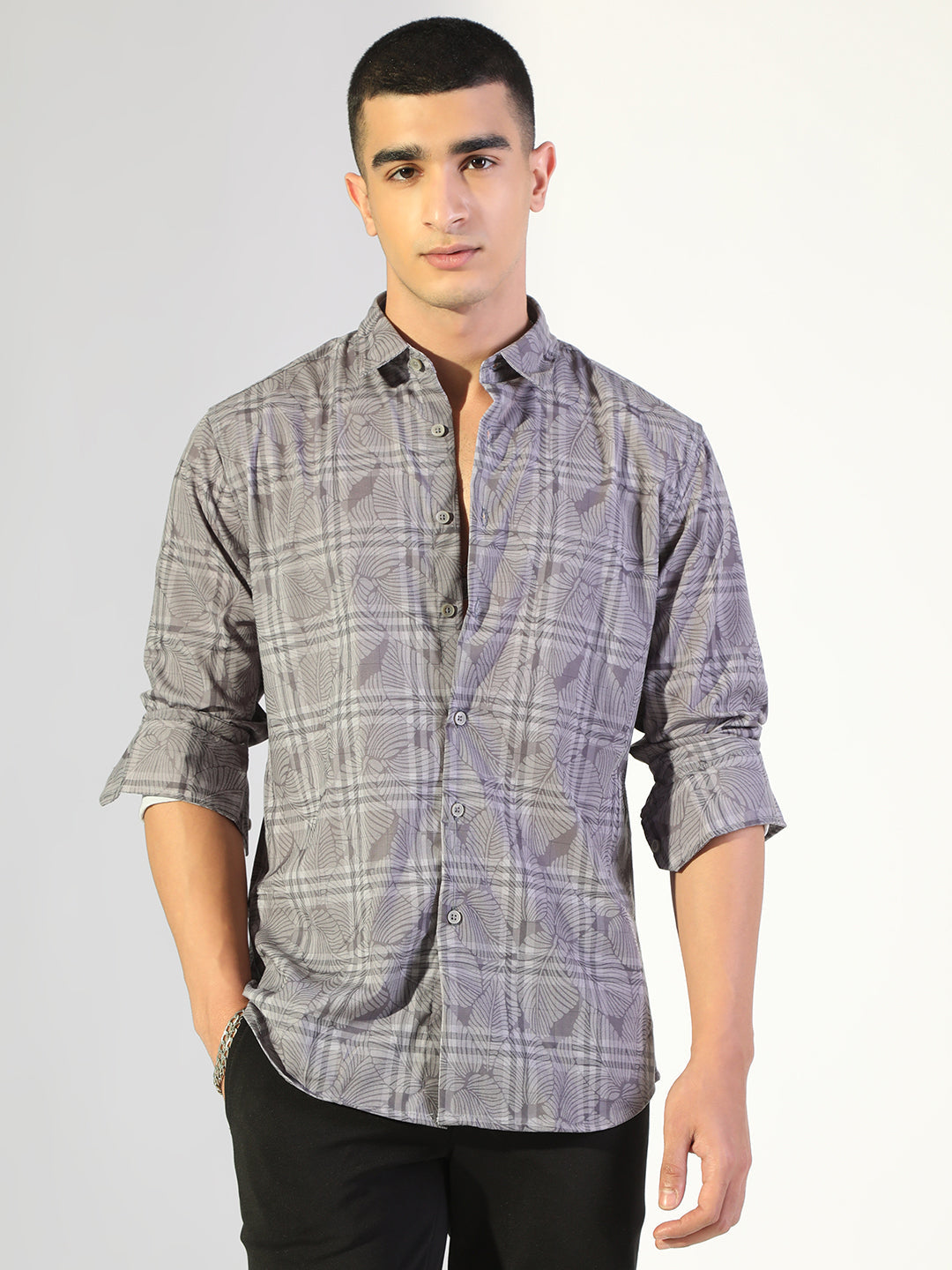 Men's Printed Grey Checked Regular Fit Casual Shirt
