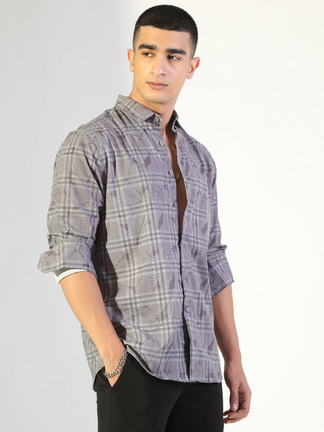 Men's Printed Grey Checked Regular Fit Casual Shirt
