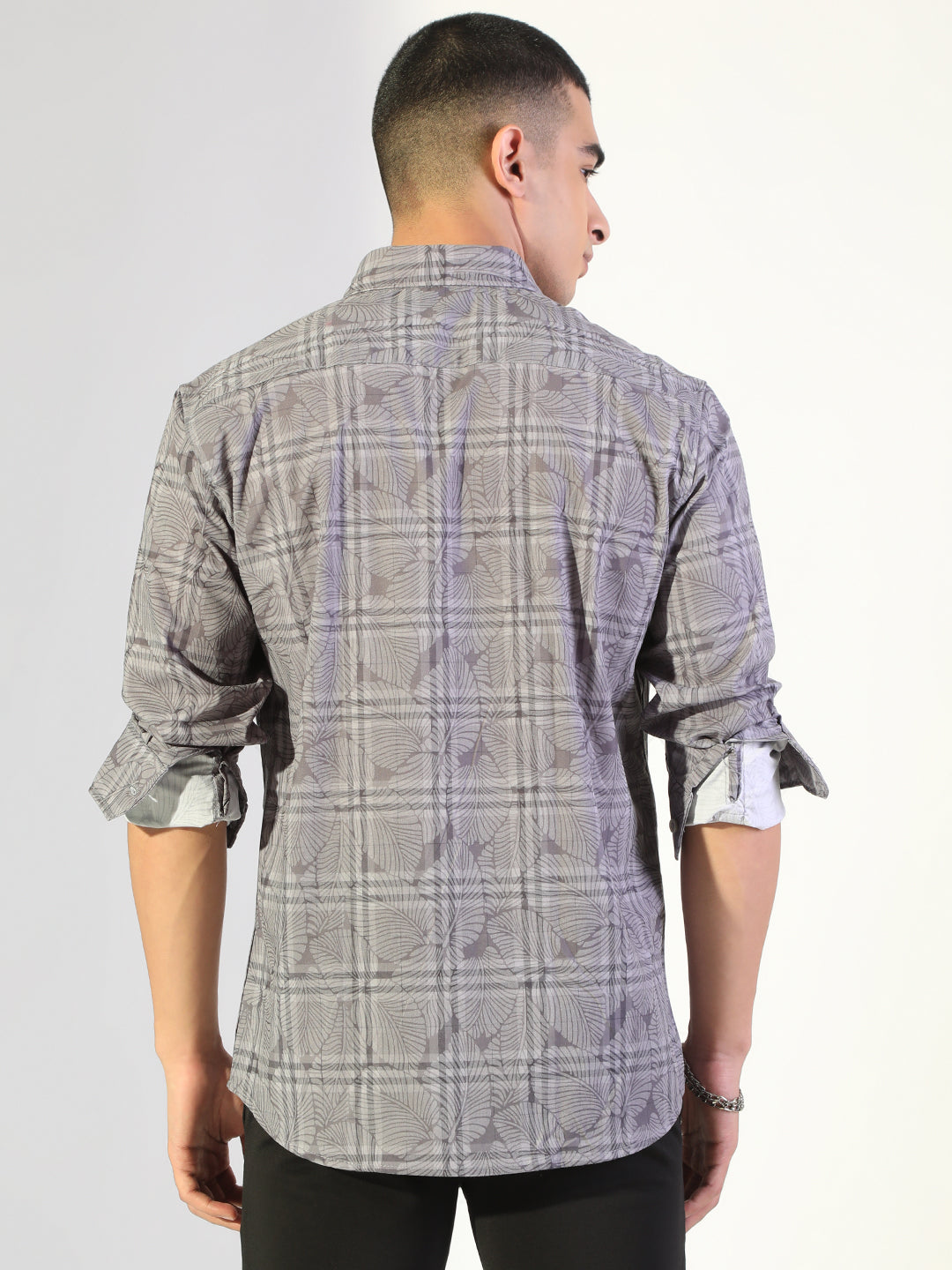 Men's Printed Grey Checked Regular Fit Casual Shirt
