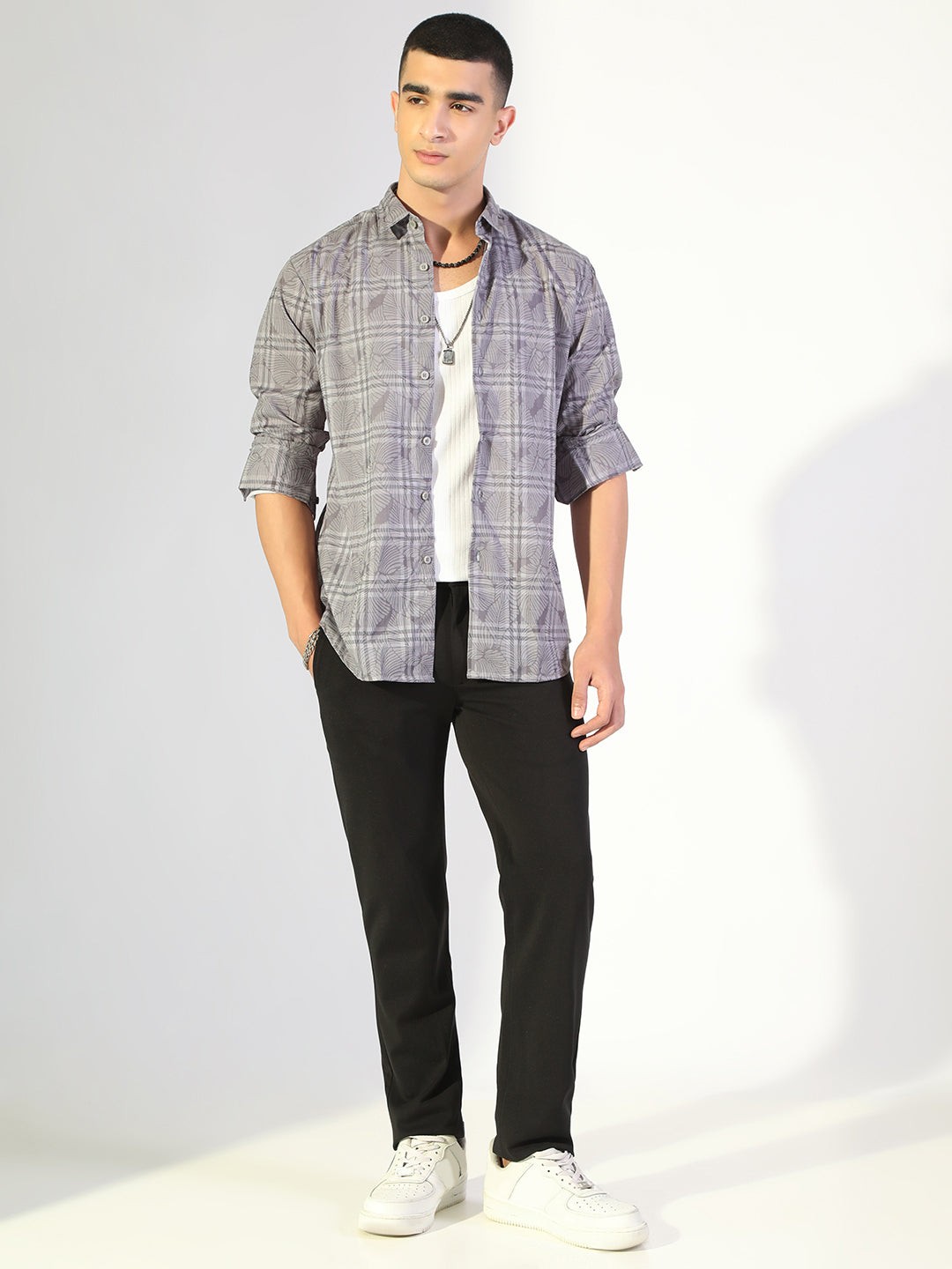 Men's Printed Grey Checked Regular Fit Casual Shirt