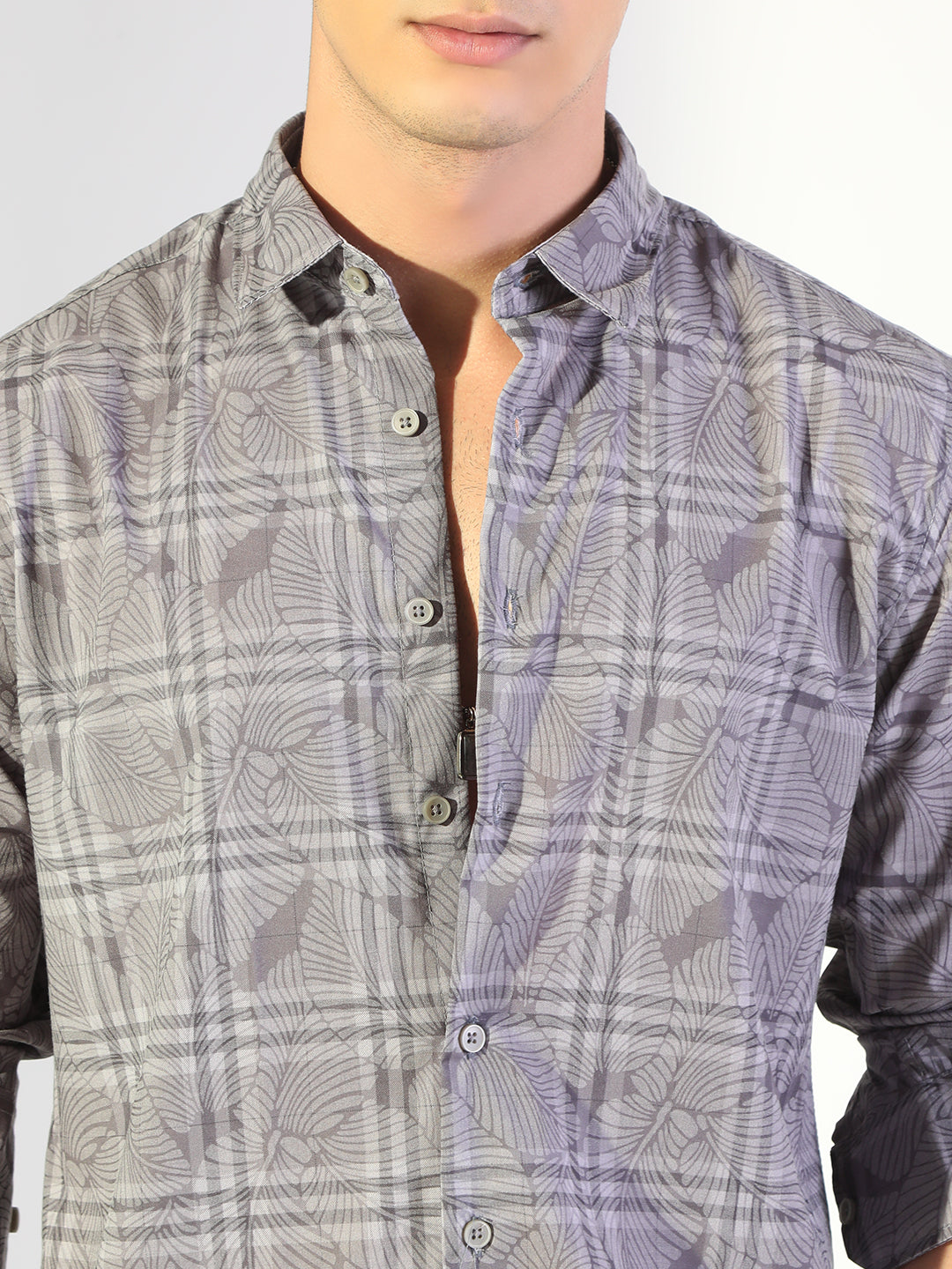 Men's Printed Grey Checked Regular Fit Casual Shirt