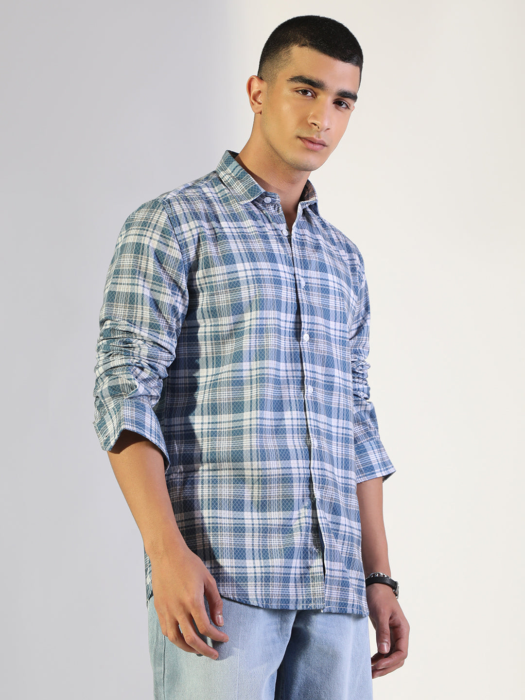 Men's Checked Blue Regular Fit Casual Shirt