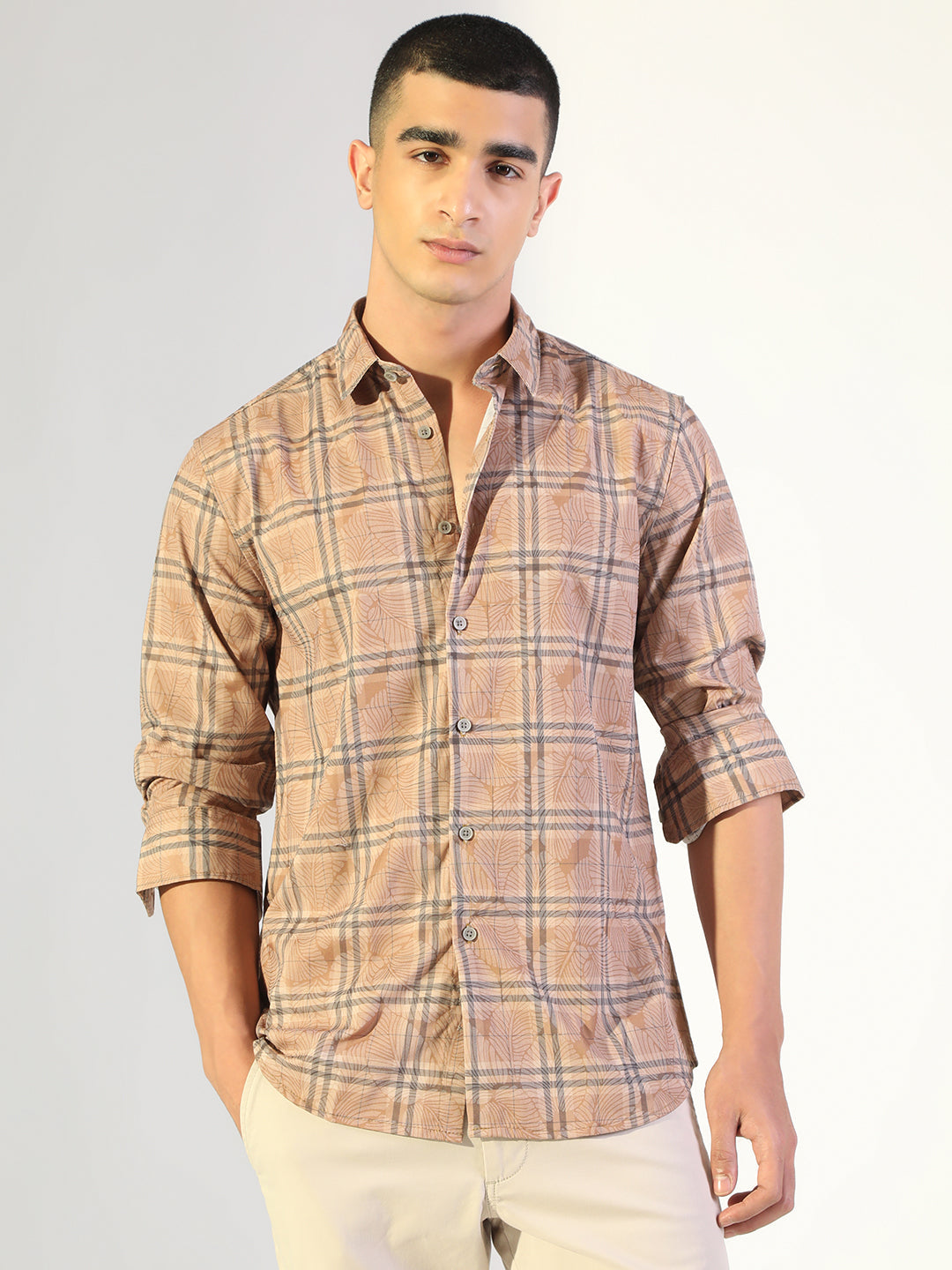 Men's Printed Brown Checked Regular Fit Casual Shirt