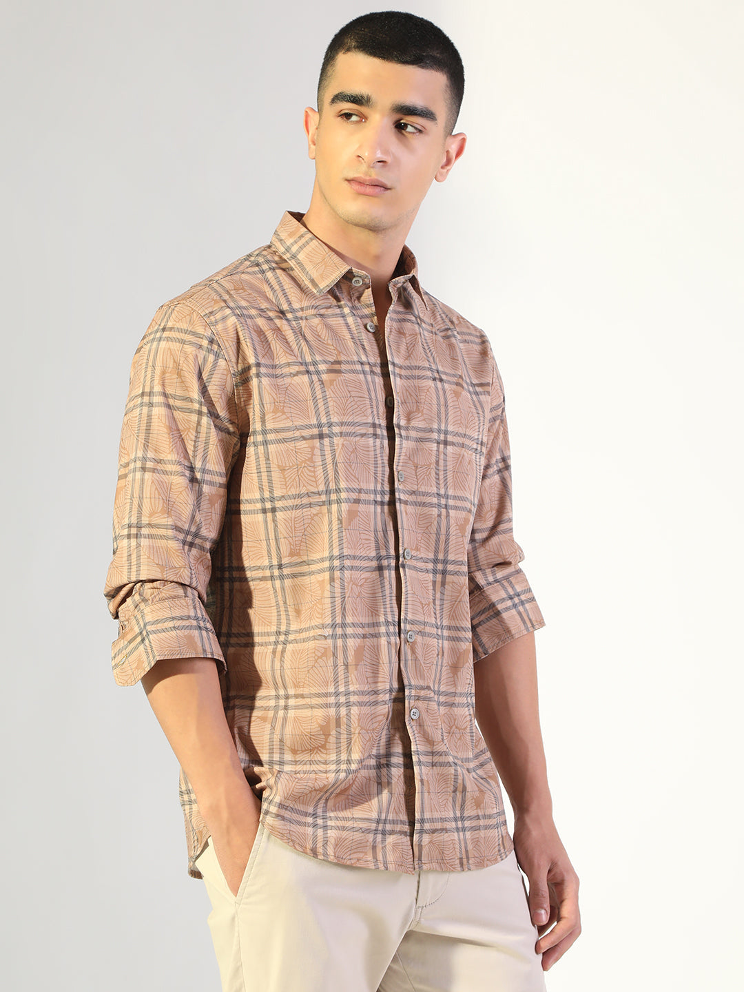 Men's Printed Brown Checked Regular Fit Casual Shirt