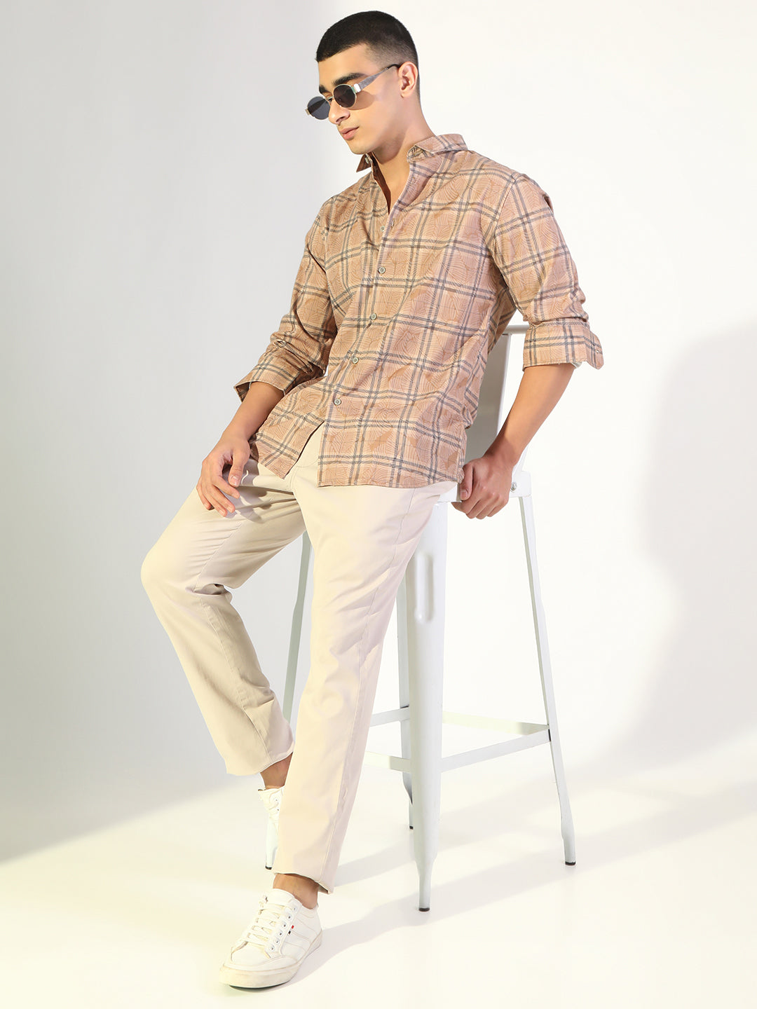 Men's Printed Brown Checked Regular Fit Casual Shirt