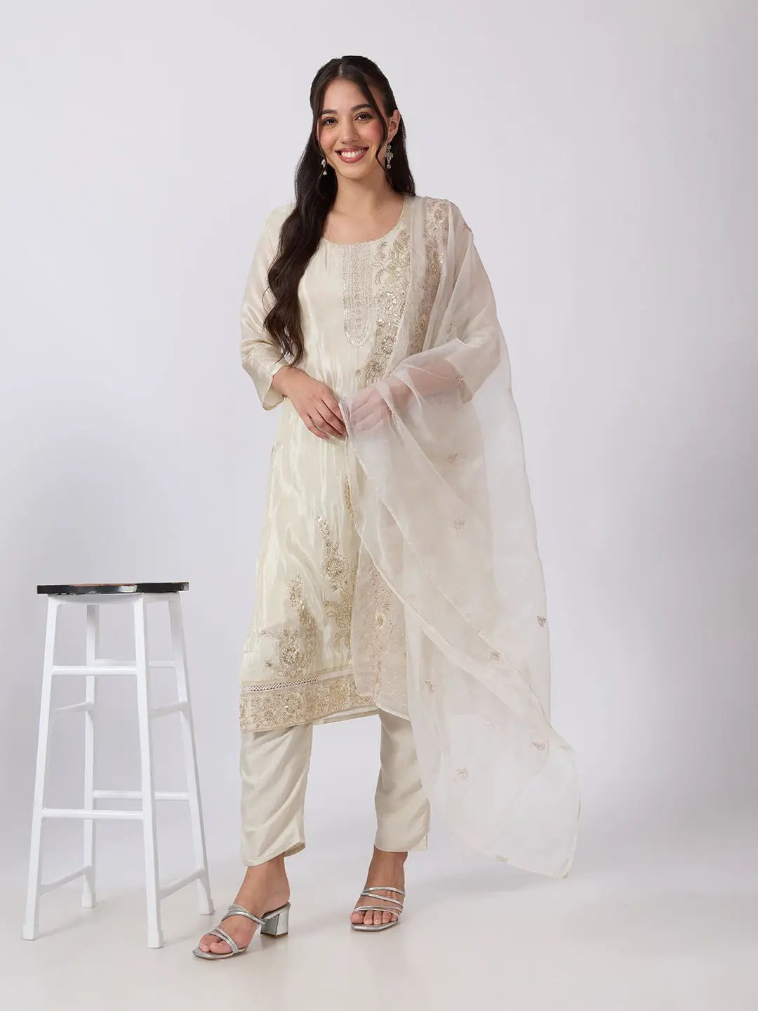 Women's Cream Embellished Straight Kurta Set with Sequin Detailing & Dupatta