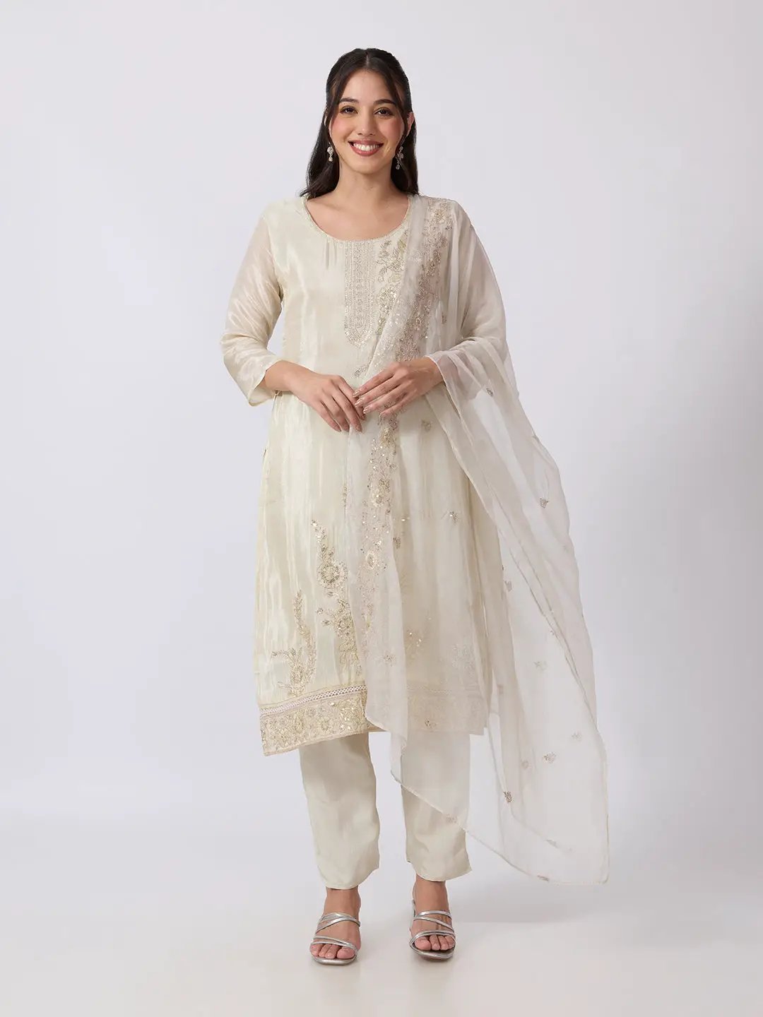 Women's Cream Embellished Straight Kurta Set with Sequin Detailing & Dupatta
