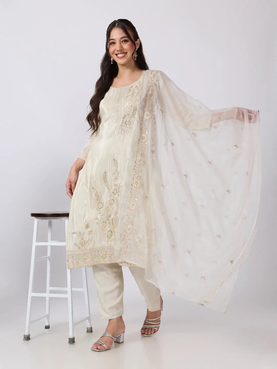 Women's Cream Embellished Straight Kurta Set with Sequin Detailing & Dupatta