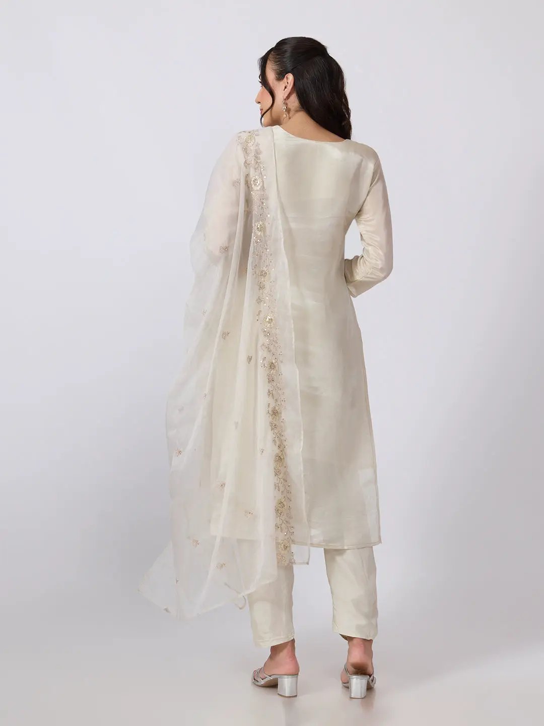 Women's Cream Embellished Straight Kurta Set with Sequin Detailing & Dupatta