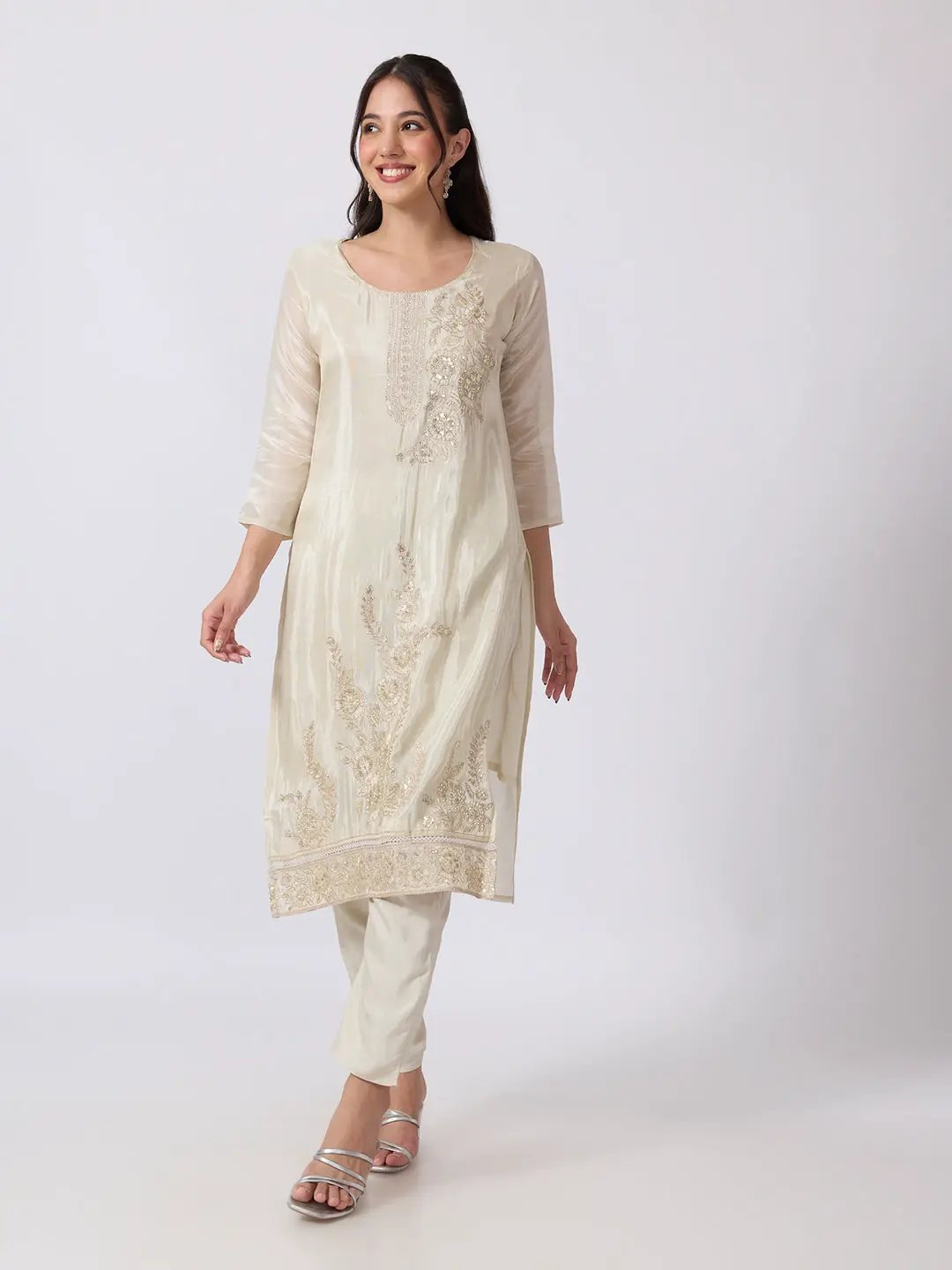 Women's Cream Embellished Straight Kurta Set with Sequin Detailing & Dupatta