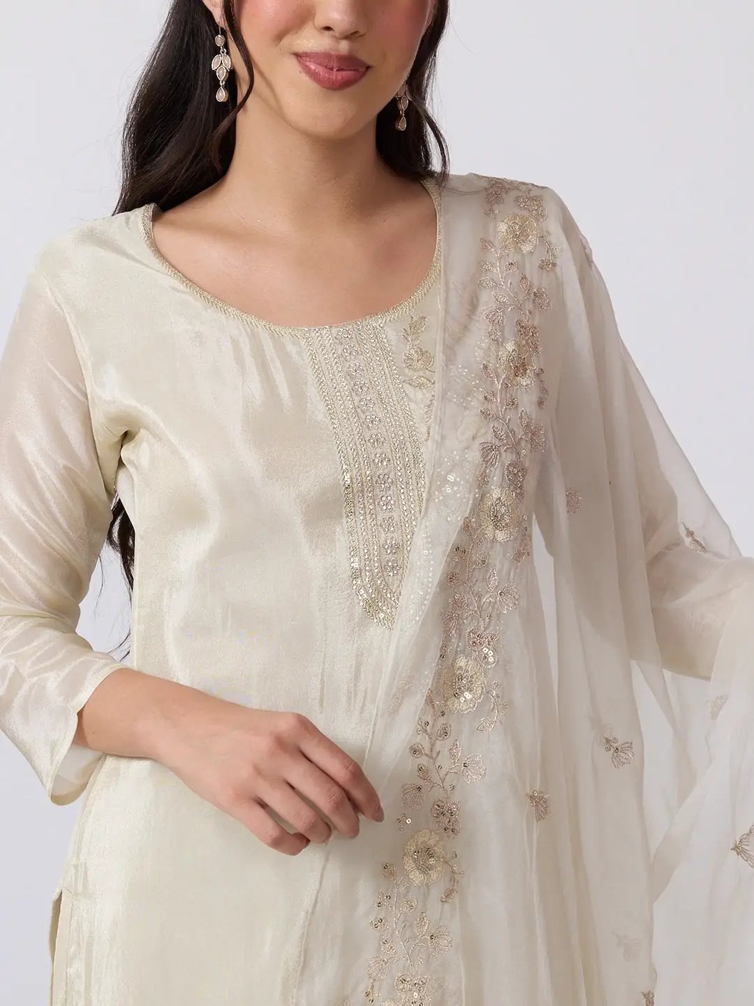 Women's Cream Embellished Straight Kurta Set with Sequin Detailing & Dupatta