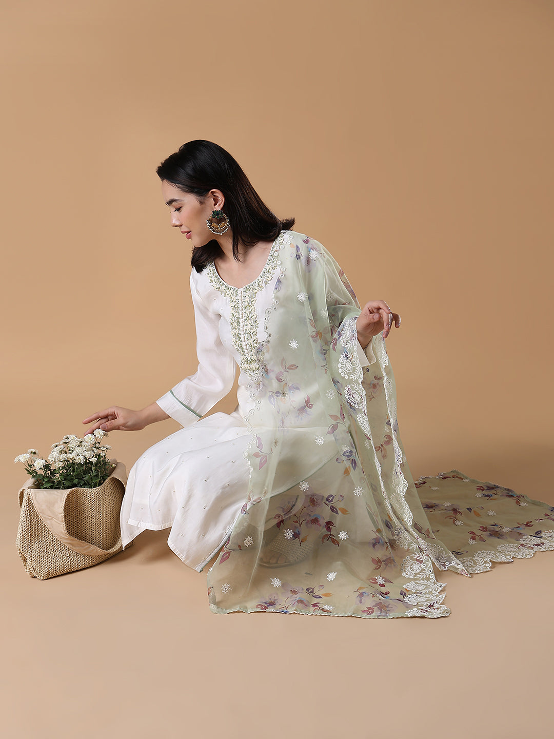 Women Solid Straight White Kurta Set with Dupatta