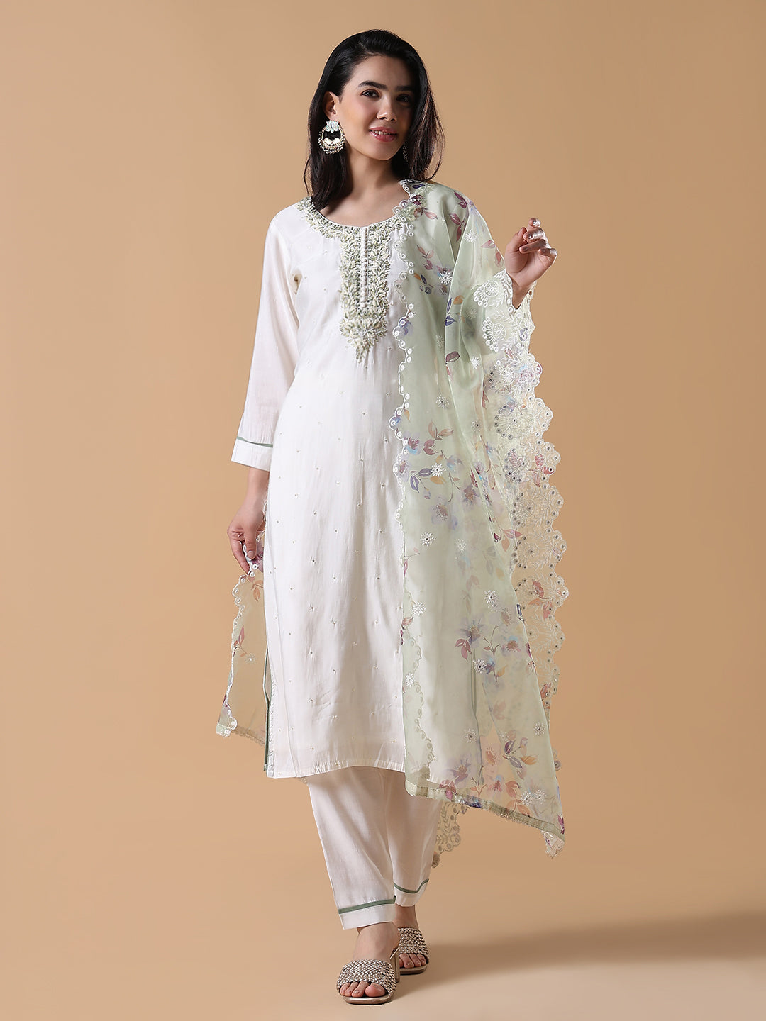 Women Solid Straight White Kurta Set with Dupatta