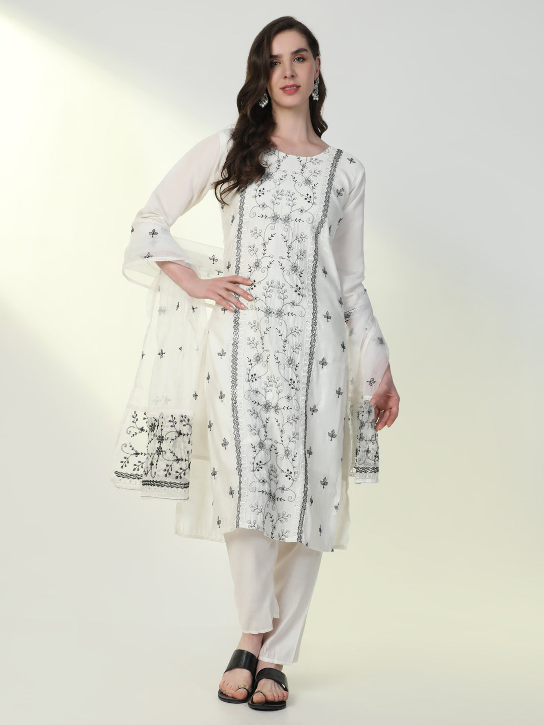 Women Off White Embroidered Kurta Set with Dupatta