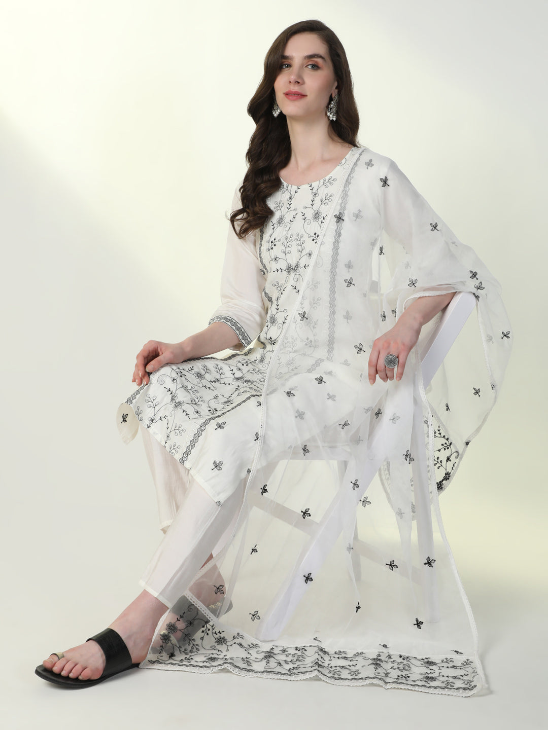 Women Off White Embroidered Kurta Set with Dupatta